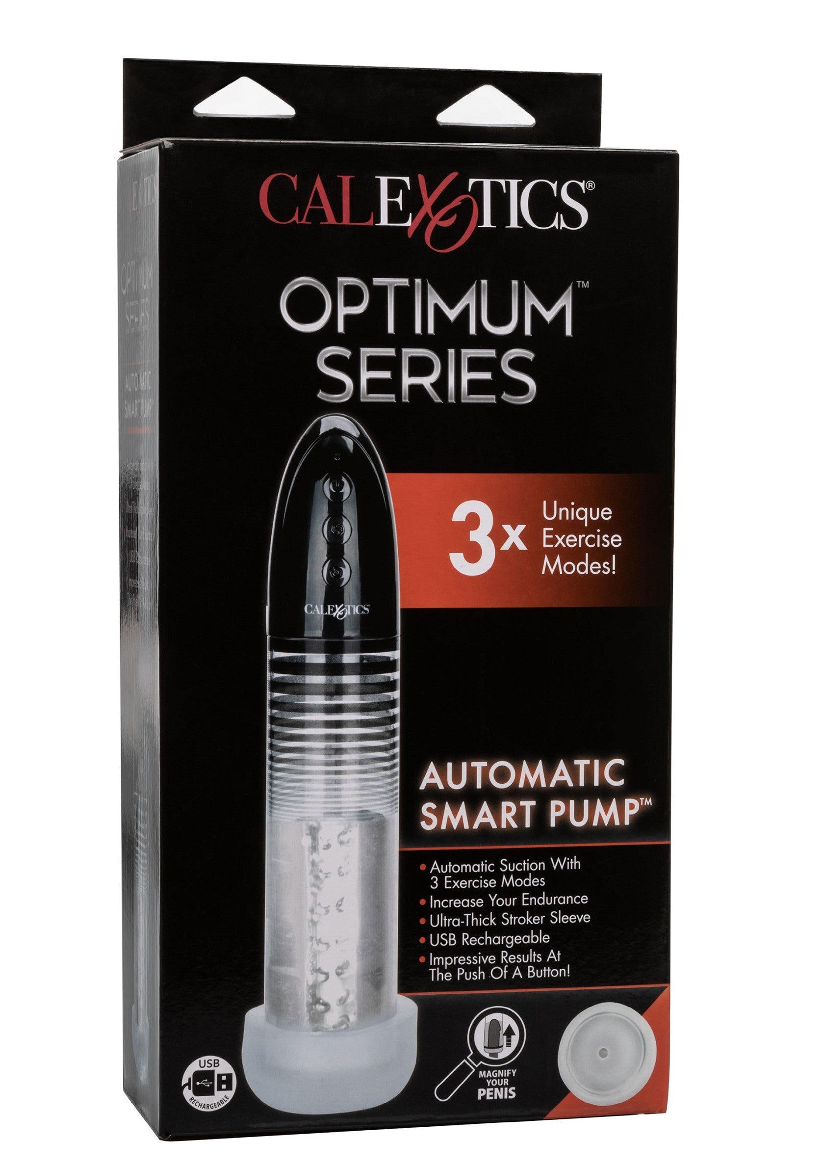CalExotics Optimum Series pompe automatique intelligente avec 3 modes d'exercice uniques, rechargeable par USB.; CalExotics Optimum Series automatische smart pomp met 3 unieke oefenmodi, USB oplaadbaar.; CalExotics Optimum Series automatic smart pump with 3 unique exercise modes, USB rechargeable.