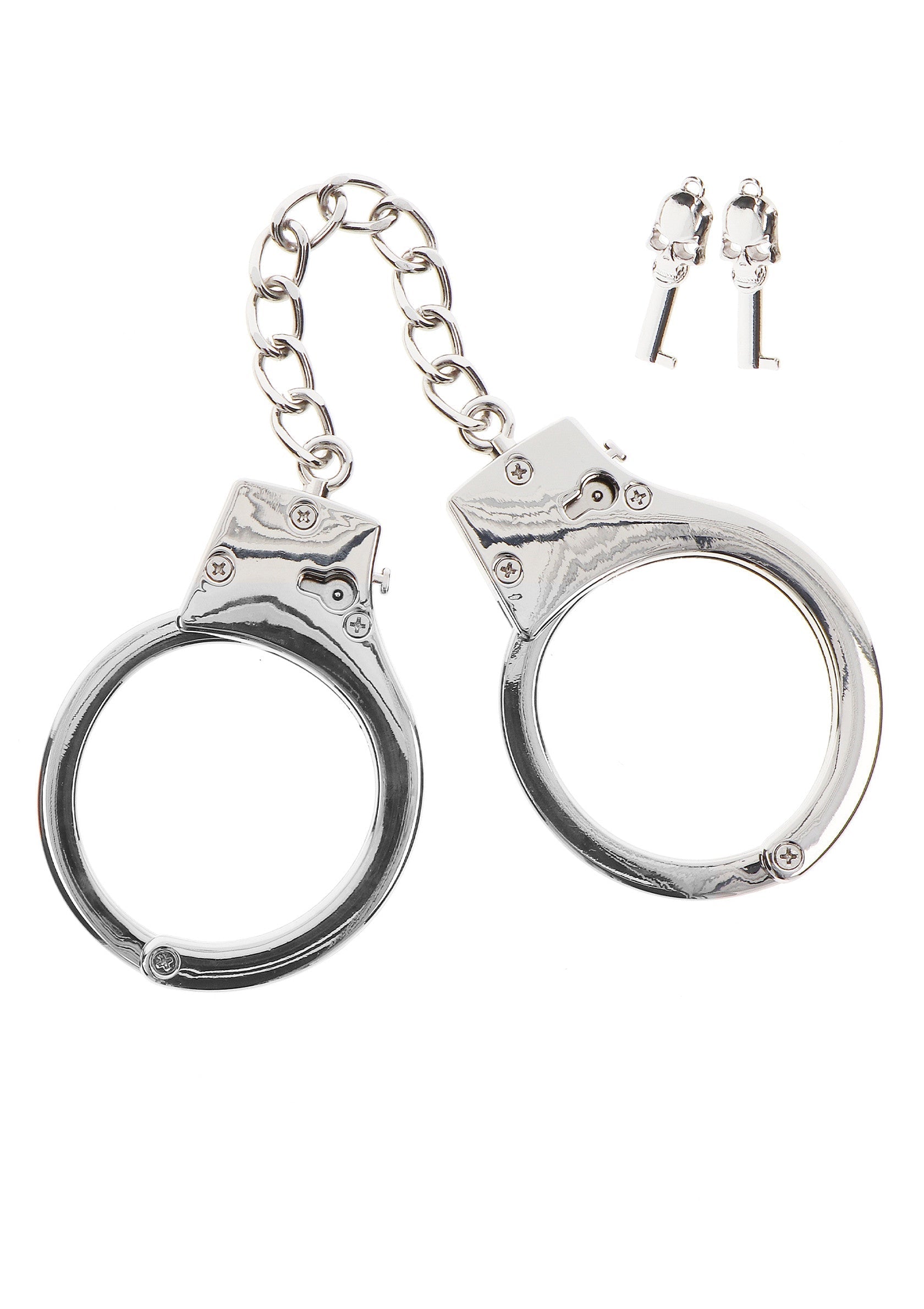 Menottes en métal argenté avec clés pour jeux de rôle et déguisements.; Zilverkleurige metalen handboeien met sleutels voor rollenspel en verkleedpartijen.; Silver metal handcuffs with keys for role-play and costume parties.