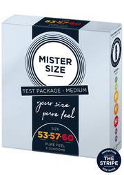 Préservatifs Mister Size - Pack d'essai Medium (tailles 53-57-60). Trouvez la taille idéale pour un confort et une protection optimale.; Mister Size condooms - Medium Testpakket (maten 53-57-60). Vind de perfecte maat voor comfort en optimale bescherming.; Mister Size condoms - Medium Test Package (sizes 53-57-60). Find your perfect fit for comfort and optimal protection.