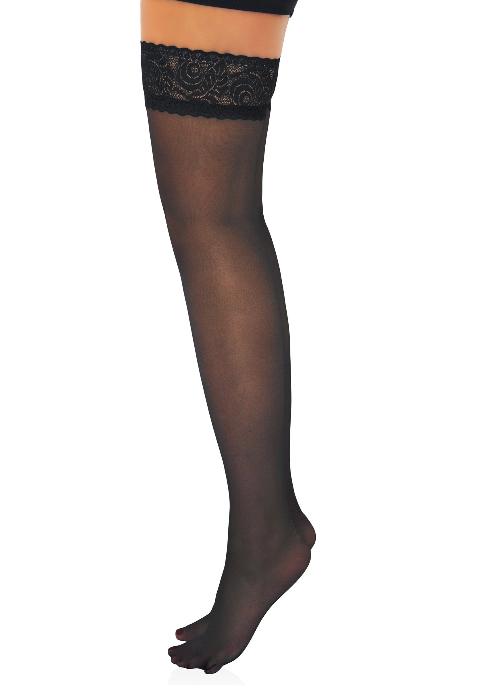 Bas autofixants noirs avec bordure en dentelle. Élégance et confort garantis pour une tenue impeccable. ; Zwarte stay-up kousen met kanten rand. Gegarandeerde elegantie en comfort voor een onberispelijke outfit.; Black stay-up stockings with lace trim. Guaranteed elegance and comfort for a flawless outfit.