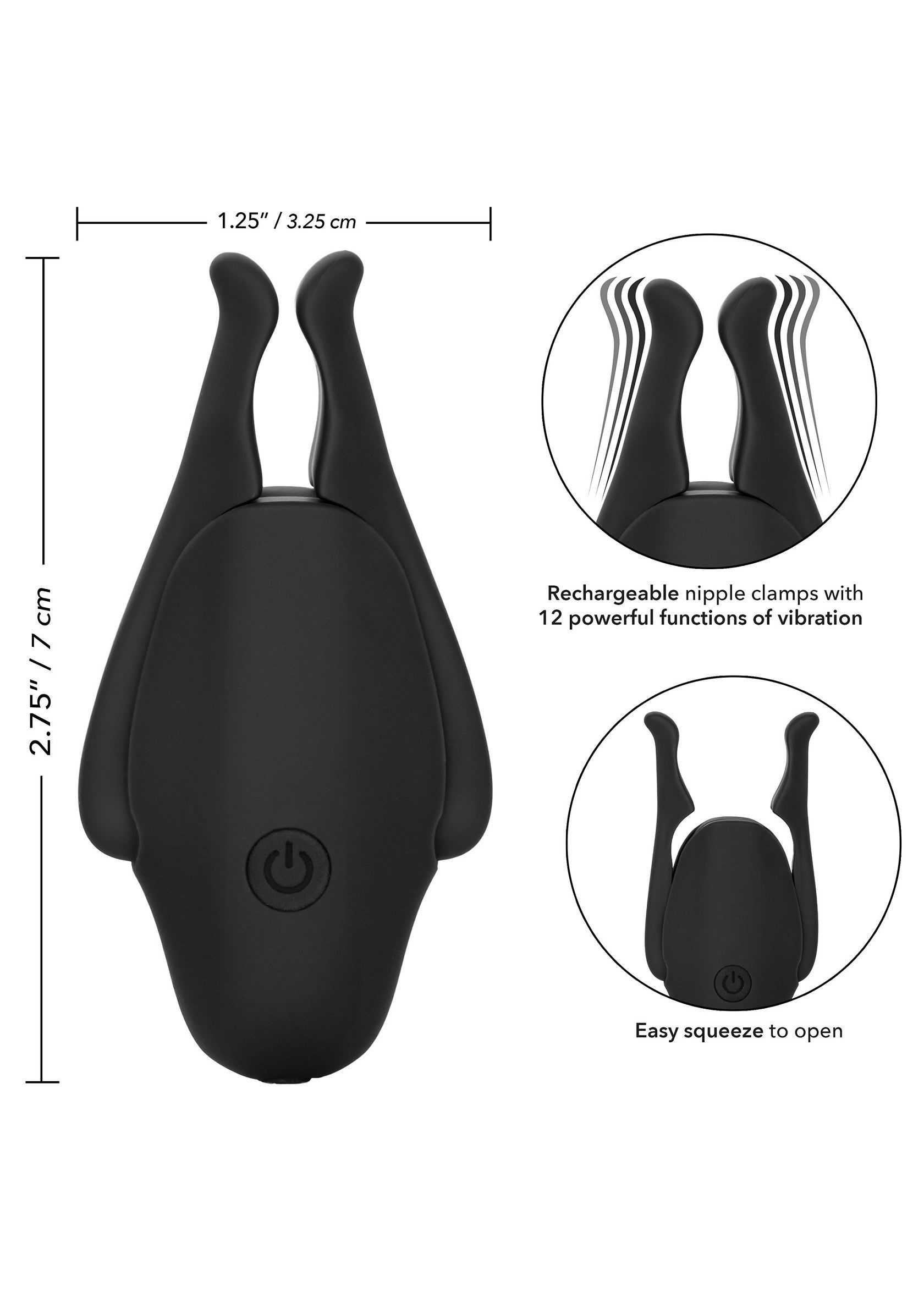 Pinces à tétons rechargeables avec 12 fonctions de vibration. Facile à presser pour ouvrir.; Oplaadbare tepelklemmen met 12 krachtige vibratiefuncties. Gemakkelijk in te drukken om te openen.; Rechargeable nipple clamps with 12 vibration functions. Easy squeeze to open.