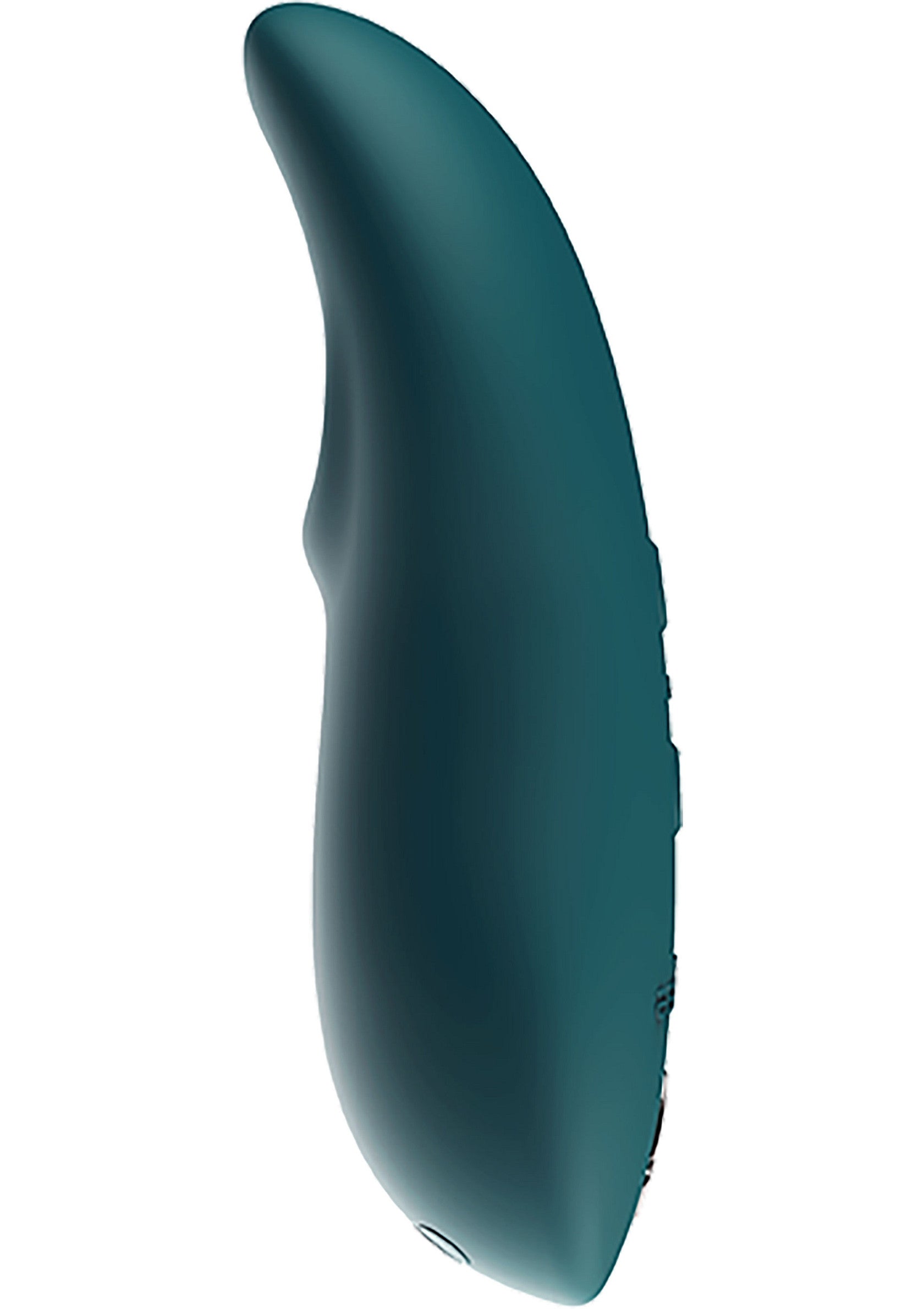 Vibromasseur incurvé en silicone lisse bleu sarcelle pour le plaisir intime.; Gebogen vibrator van zacht teal siliconen voor intiem genot.; Curved vibrator made of smooth teal silicone for intimate pleasure.
