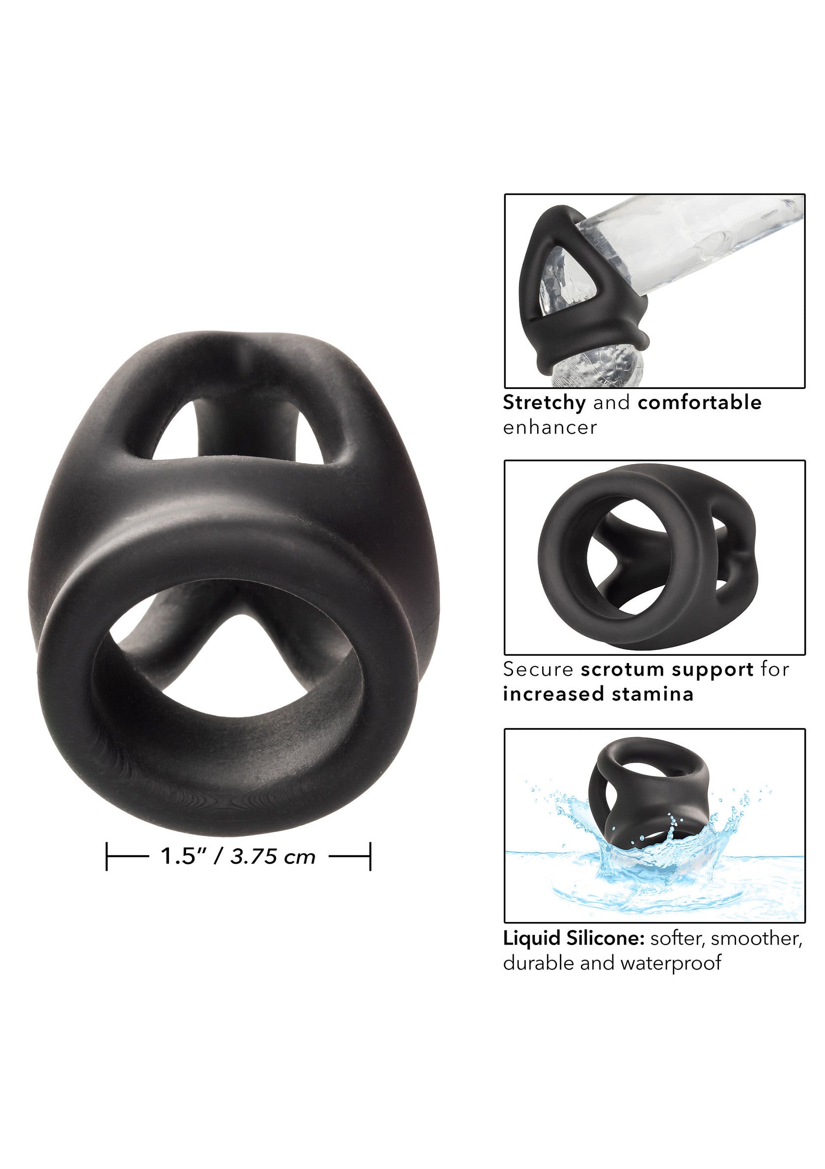 Anneau pénien en silicone liquide noir. Plus doux, lisse et imperméable. Pour plus d'endurance et de confort.; Zwarte penisring van vloeibare siliconen. Zacht, glad en waterdicht. Voor meer uithoudingsvermogen en comfort.; Black liquid silicone cock ring. Softer, smoother & waterproof. For increased stamina & comfort. Stretchy enhancer.
