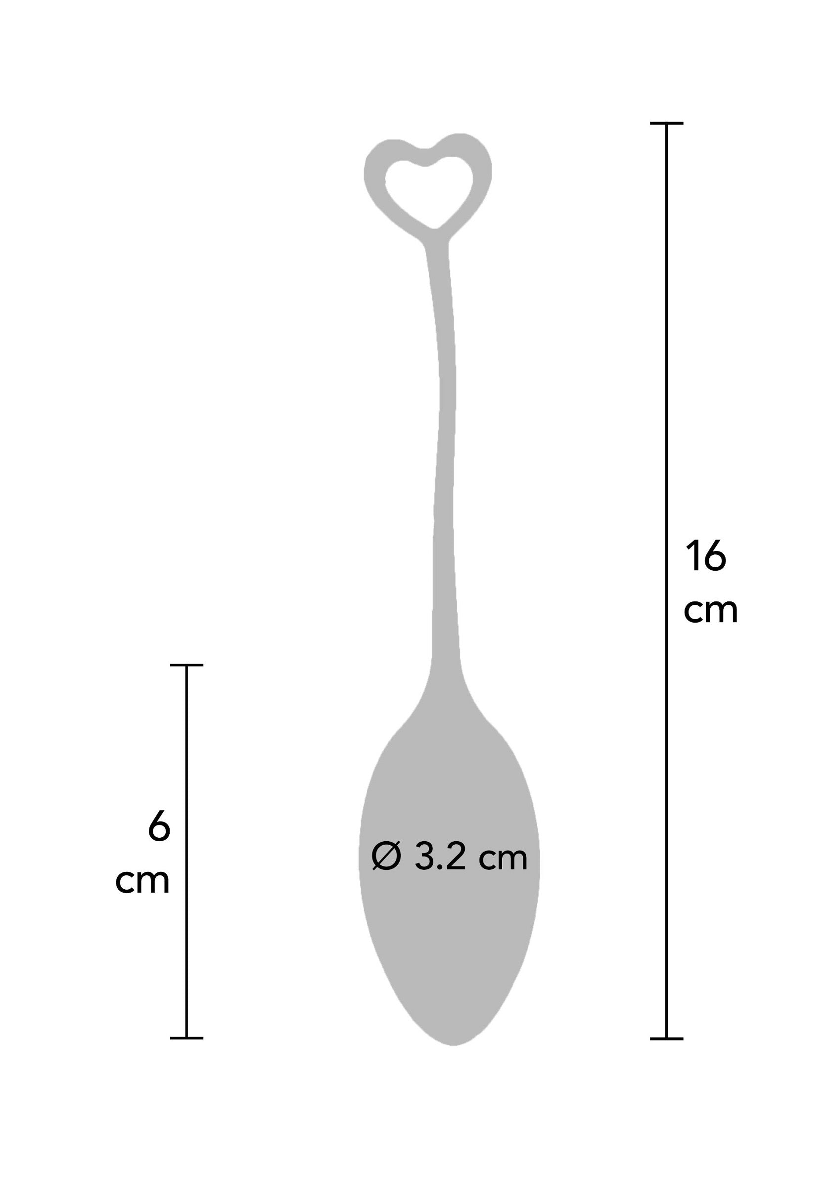 Cuillère doseuse avec un manche en forme de cœur et ses dimensions.; Maatlepel met hartvormige handgreep en afmetingen.; Measuring spoon with a heart-shaped handle and dimensions.
