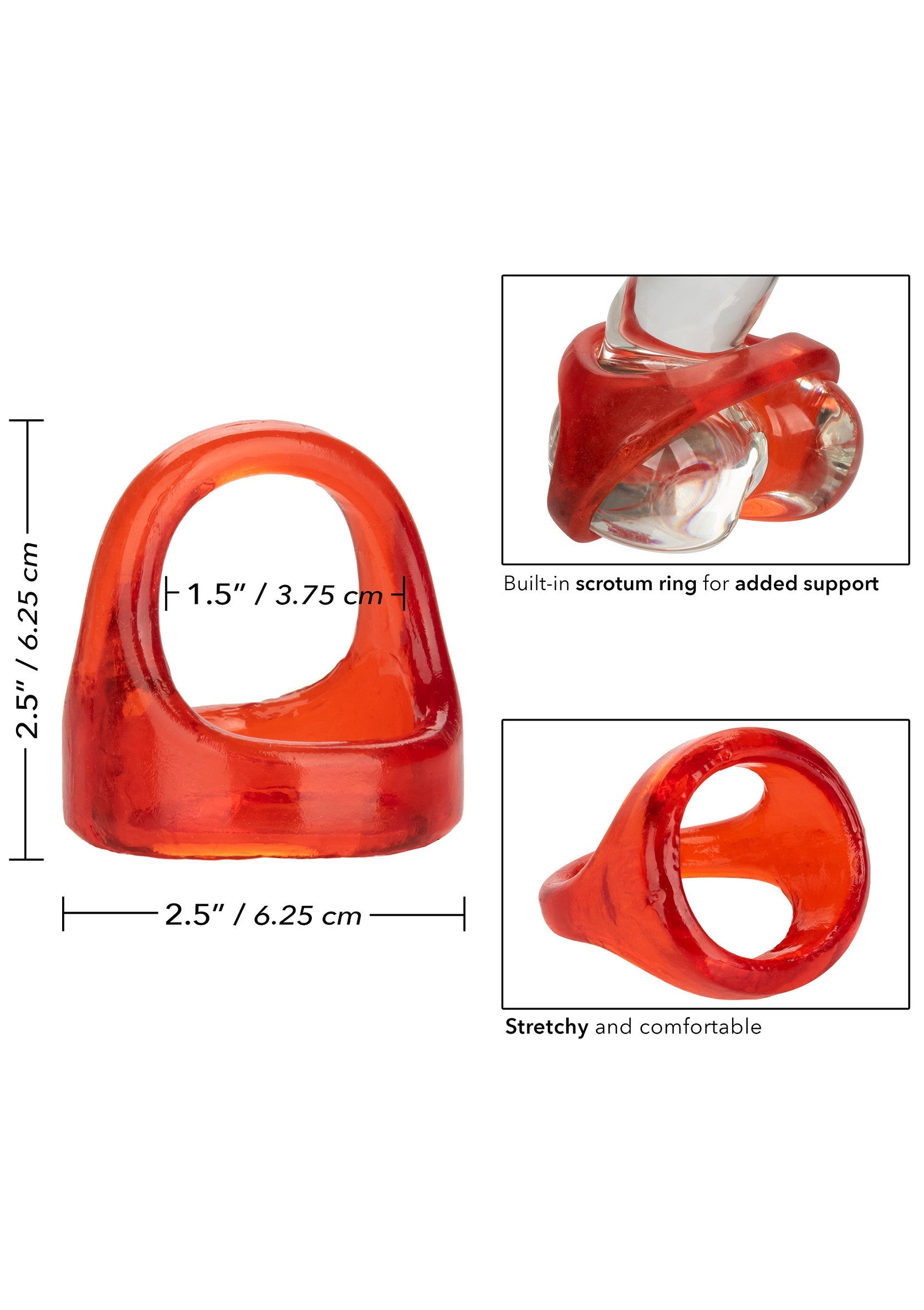 Anneau pénien extensible rouge pour plus de confort et de soutien.; Rode, rekbare penisring voor extra comfort en ondersteuning.; Red stretchy cock ring for added comfort and support.