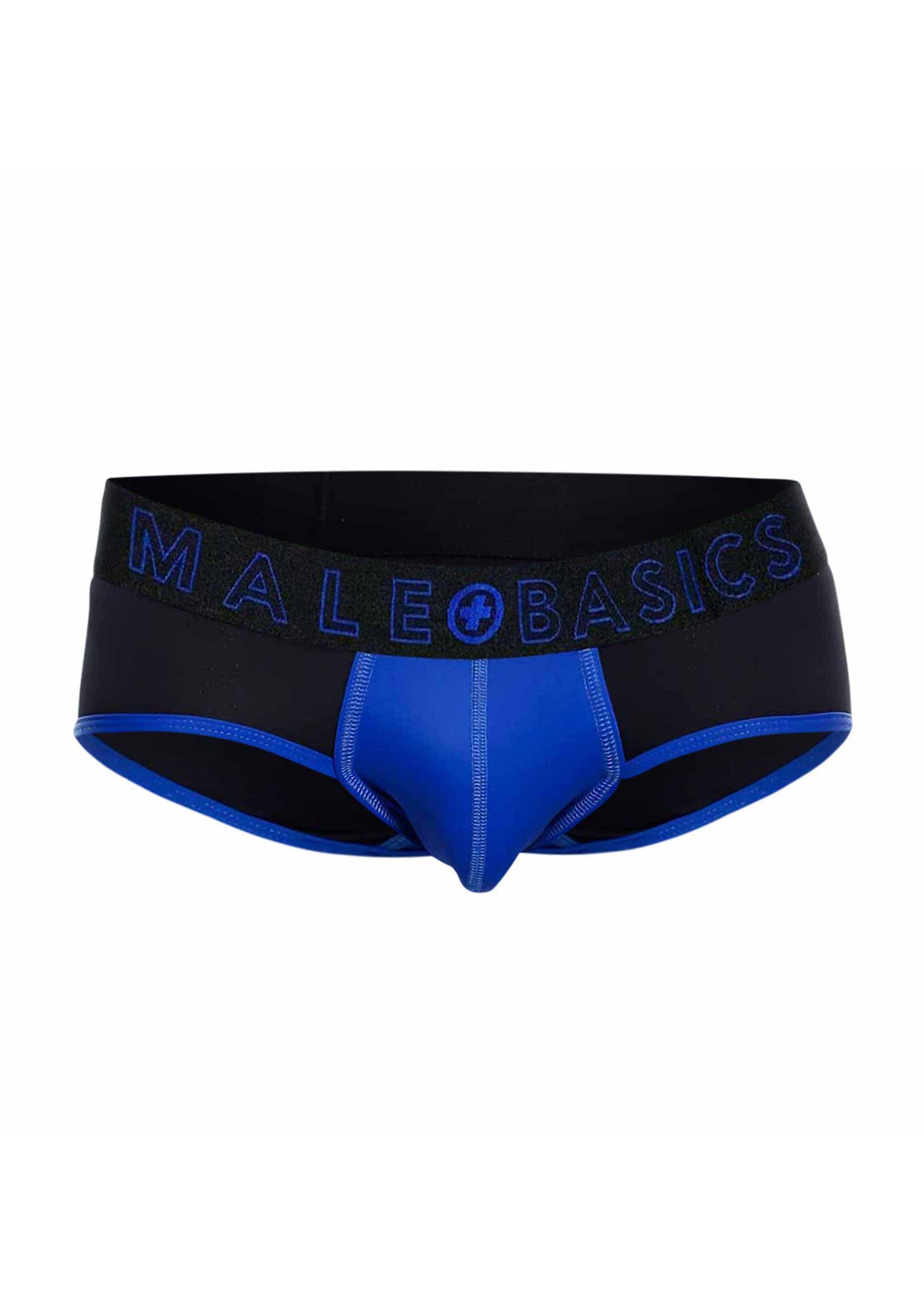 Slip pour homme Malebasics noir et bleu. Sous-vêtement confortable et élégant pour un look moderne.; Zwarte en blauwe Malebasics heren slip. Comfortabel en stijlvol ondergoed voor een moderne look.; Black and blue Malebasics men's brief. Comfortable and stylish underwear for a modern look.