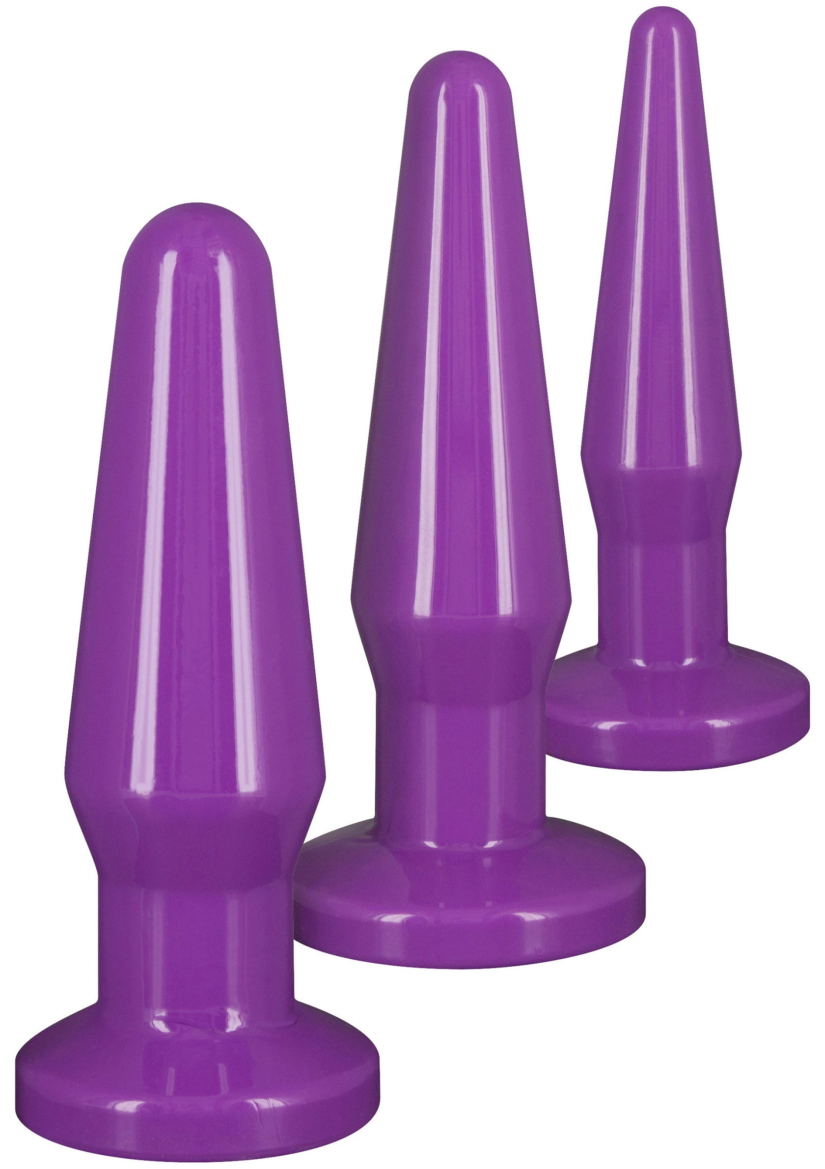 Ensemble de 3 plugs anaux violets de tailles différentes pour débutant à avancé. Explorez le plaisir!; Set van 3 paarse buttplugs in verschillende maten, van beginner tot gevorderd. Ontdek het plezier!; Set of 3 purple butt plugs in graduated sizes, beginner to advanced. Explore pleasure!