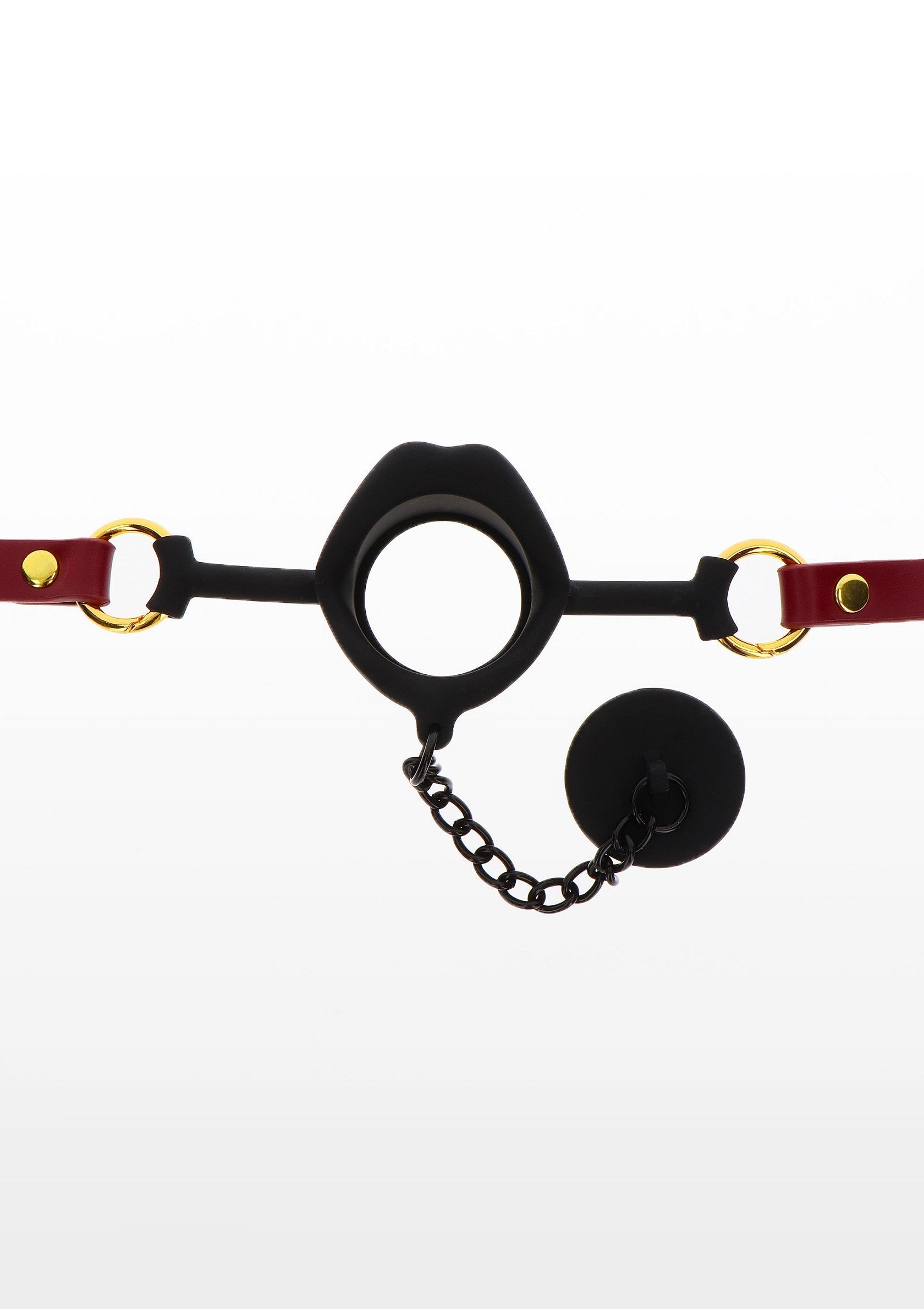 Bâillon buccal en forme de lèvres avec chaîne et bouchon, accessoire érotique pour adultes.; Mondknevel in lipvorm met ketting en plug, erotisch accessoire voor volwassenen.; Lip-shaped gag with chain & plug, adult erotic accessory. 