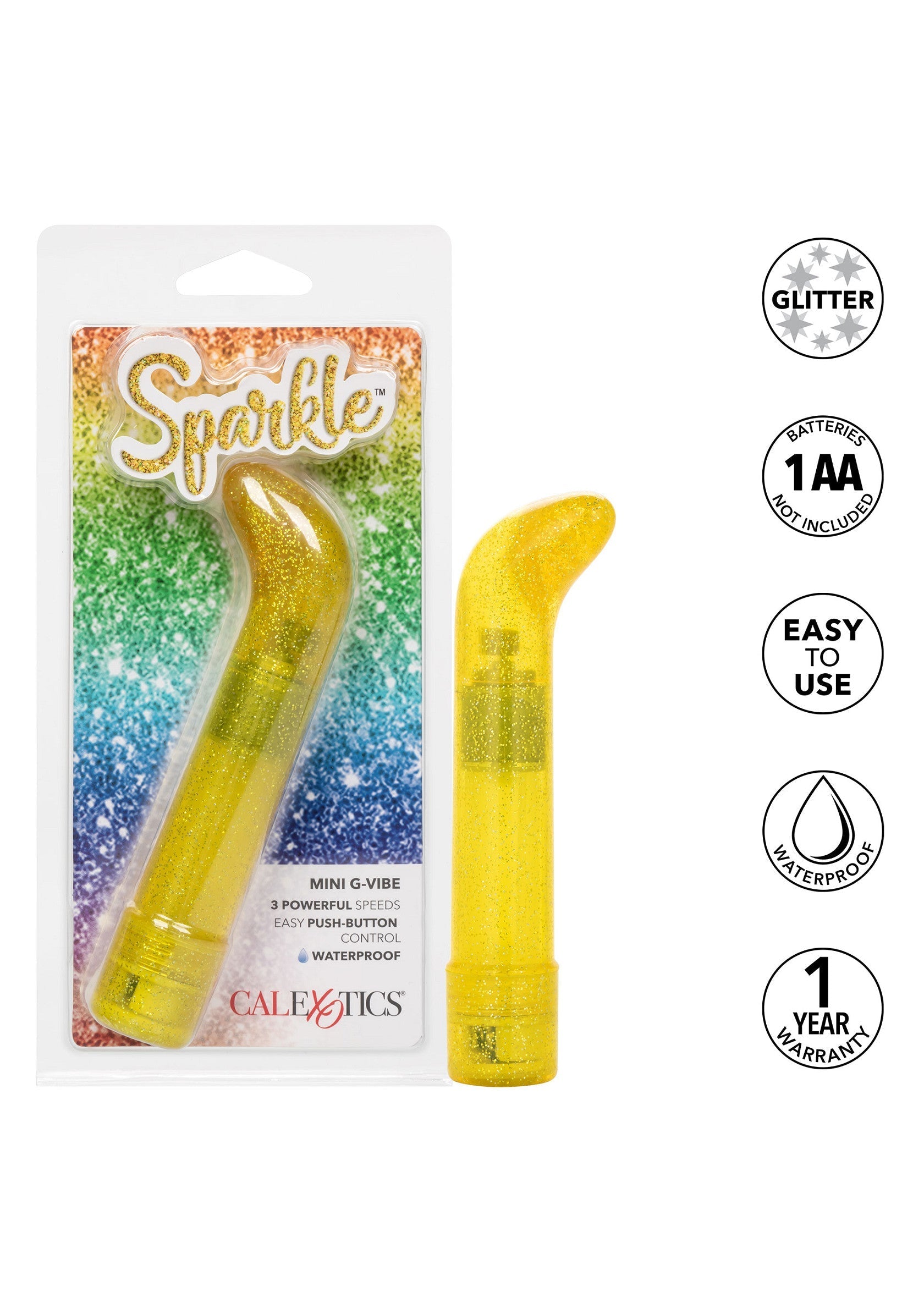 Vibreur mini Sparkle doré à paillettes. 3 vitesses, étanche, facile à utiliser et garantie 1 an. Pile 1 AA non incluse.; Glitters goudkleurige Mini Sparkle vibrator. 3 snelheden, waterdicht, eenvoudig te gebruiken en 1 jaar garantie. 1 AA-batterij niet inbegrepen.; Glittery gold mini Sparkle vibrator. 3 speeds, waterproof, easy to use and 1 year warranty. 1 AA battery not included.