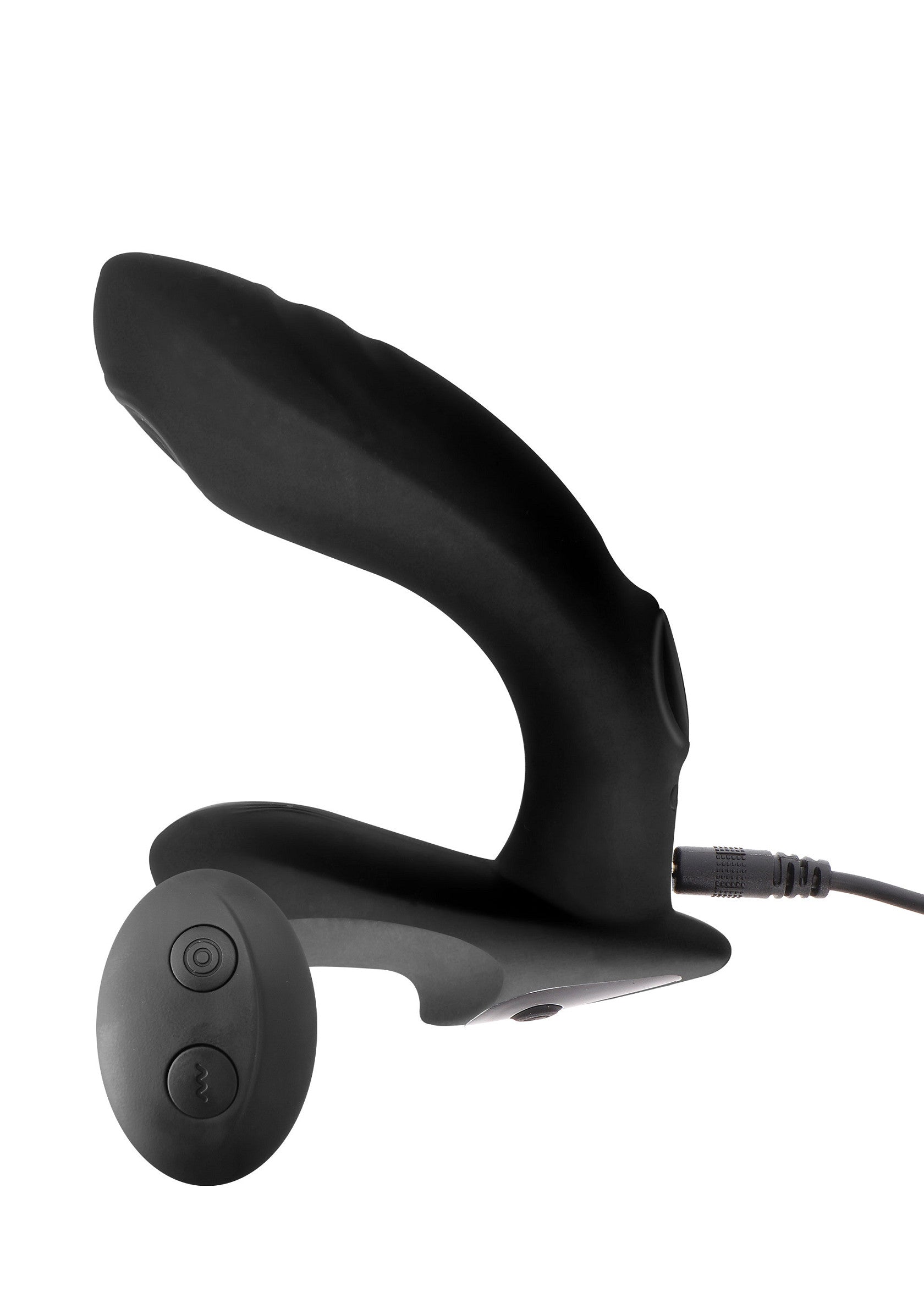 Masseur prostatique noir avec télécommande, pour un plaisir intense et ciblé.; Zwarte prostaatstimulator met afstandsbediening voor intens, gericht plezier.; Black prostate massager with remote control for intense, targeted pleasure.