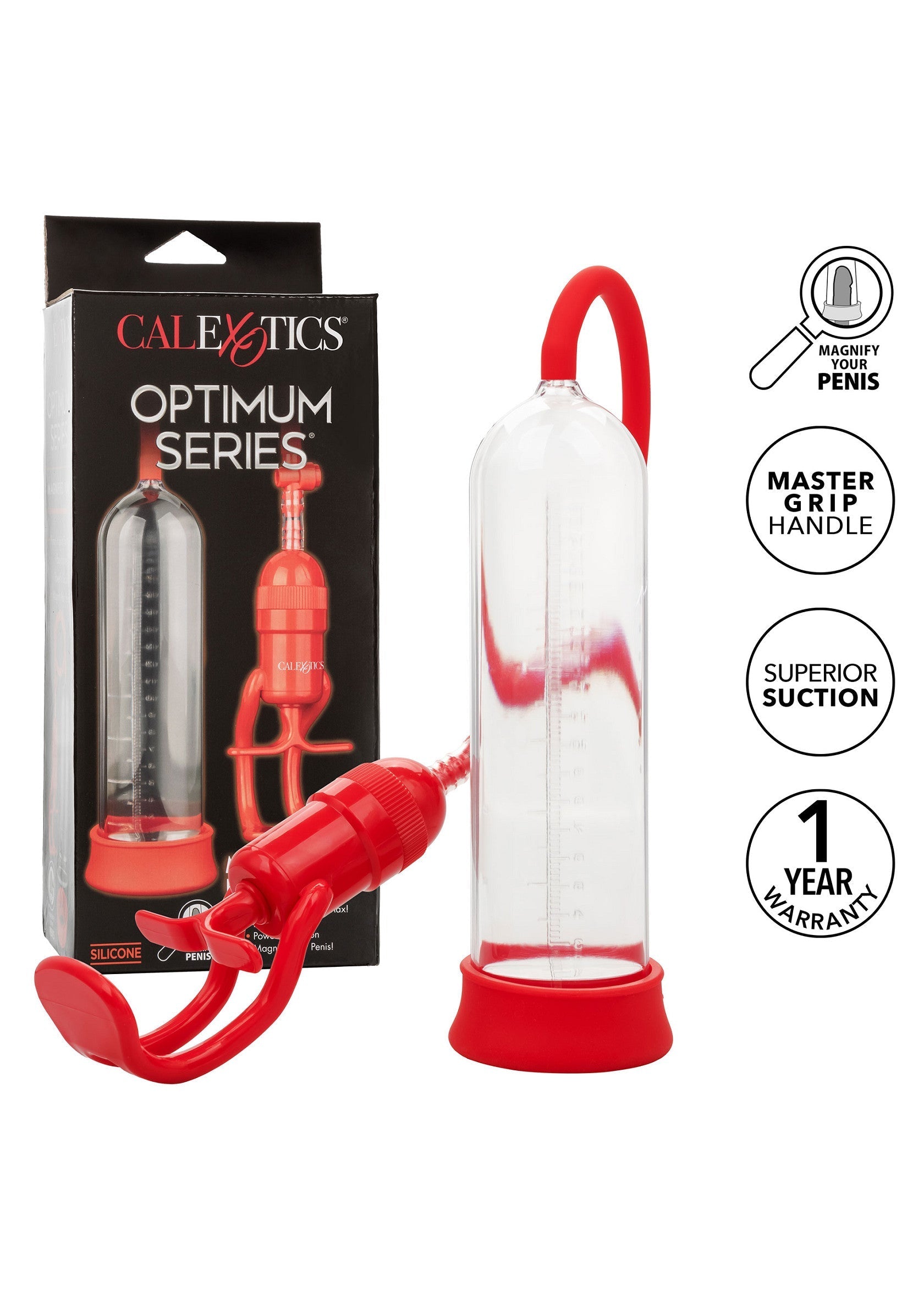Pompe à pénis Calexotics Optimum Series rouge pour une érection plus longue et plus épaisse.; Calexotics Optimum Series penis pomp rood voor een langere en dikkere erectie.; Calexotics Optimum Series penis pump in red for a longer and thicker erection.