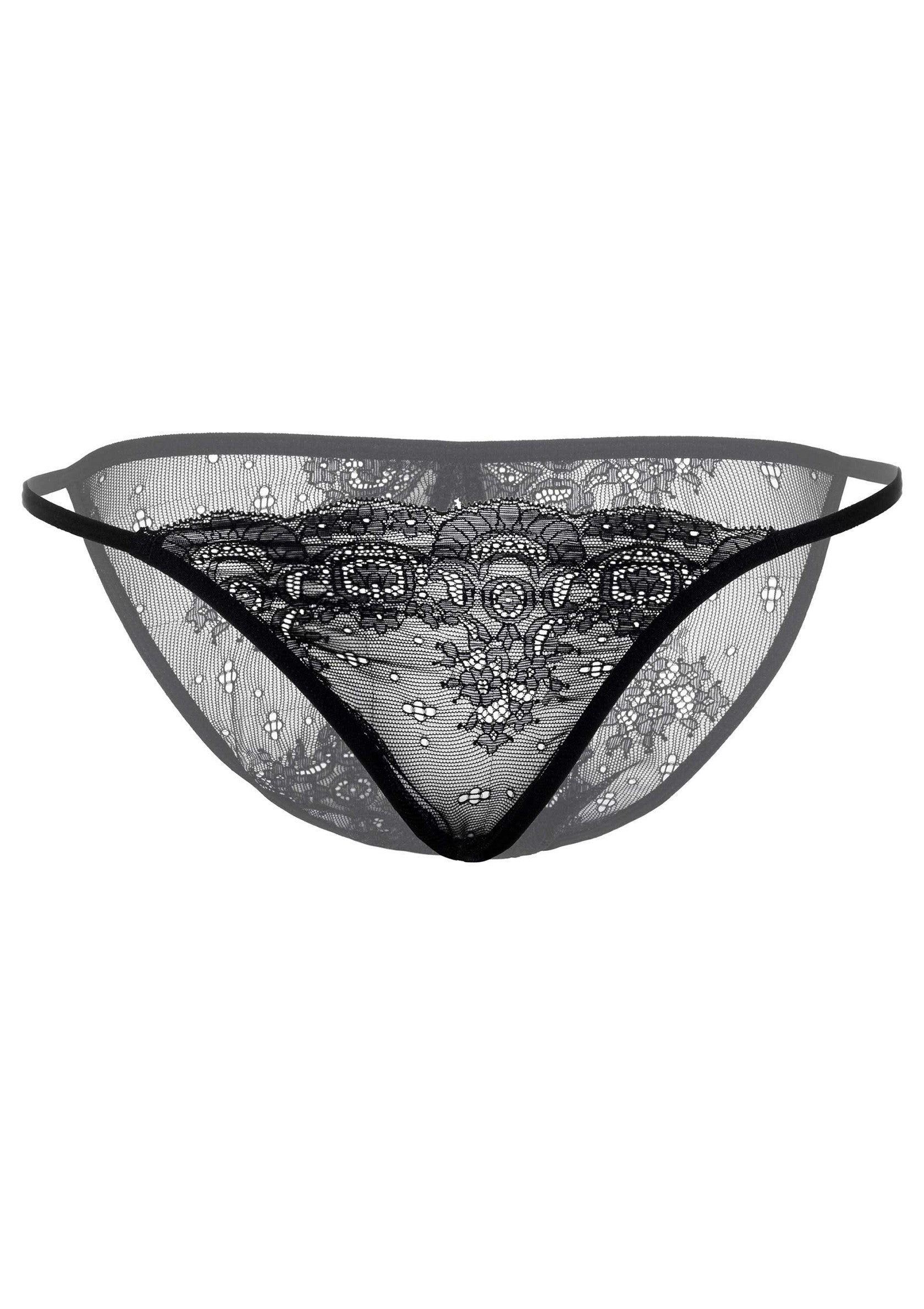Culotte en dentelle noire délicate et séduisante, idéale pour une lingerie fine et élégante.; Delicaat en verleidelijk zwart kanten slipje, ideaal voor fijne en elegante lingerie.; Delicate and alluring black lace thong, ideal for fine and elegant lingerie.