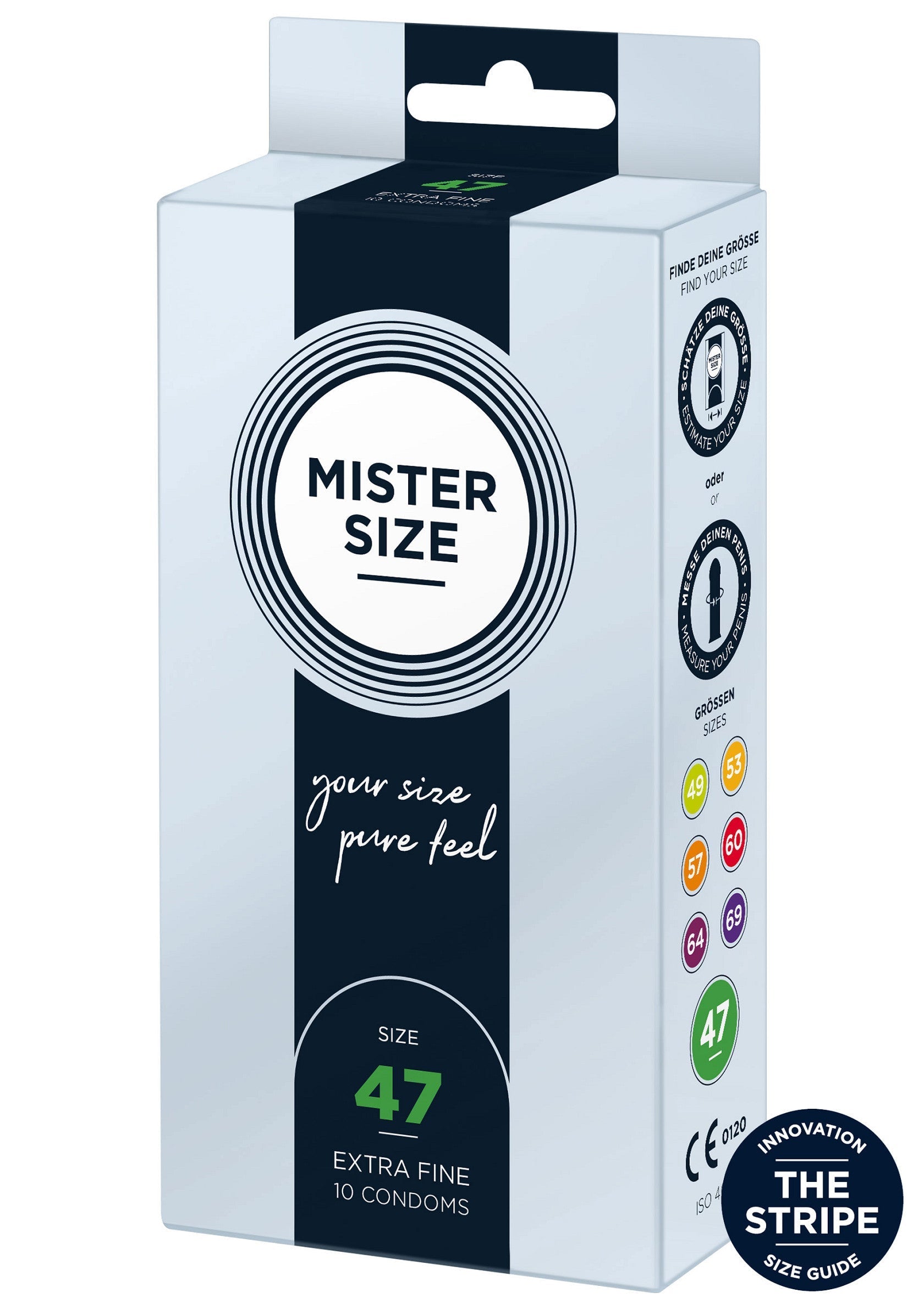 Préservatifs Mister Size 47 : extra fins pour une sensation naturelle et une protection sûre. Trouvez votre taille idéale !; Mister Size 47 condooms: extra dun voor een natuurlijk gevoel en veilige bescherming. Vind jouw ideale maat!; Mister Size 47 condoms: extra thin for a natural feel and safe protection. Find your perfect fit!