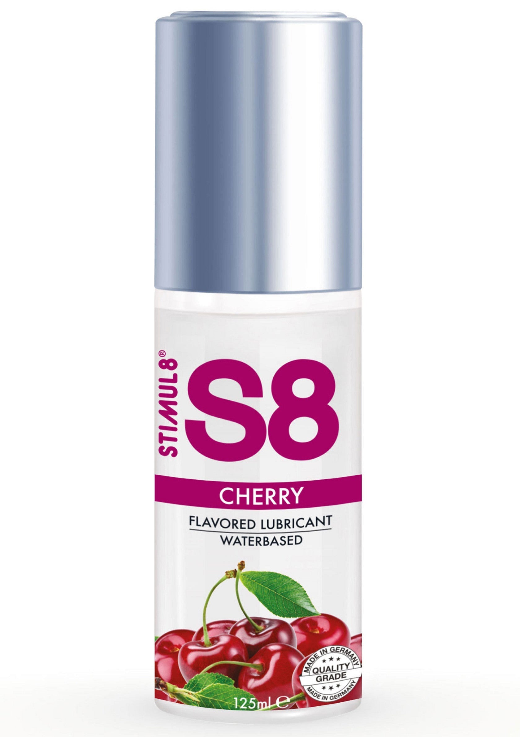 Lubrifiant à base d'eau S8 Stimul 8 saveur cerise. Améliorez vos moments intimes avec ce lubrifiant fruité.; S8 Stimul 8 waterbasis glijmiddel met kersensmaak. Verbeter je intieme momenten met dit fruitige glijmiddel.; S8 Stimul 8 water-based lubricant with cherry flavor. Enhance your intimate moments with this fruity lube.