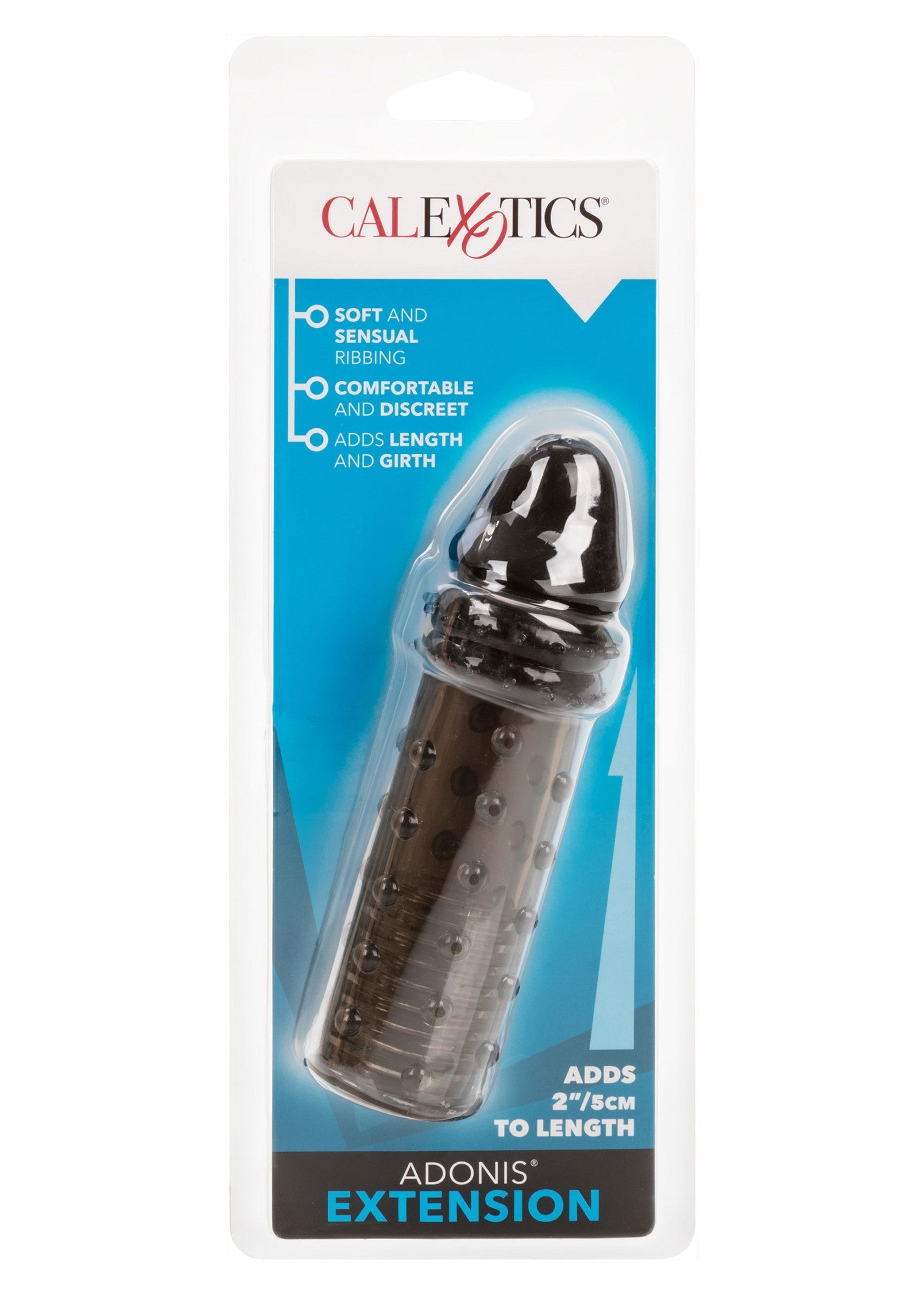 Calexotics Adonis, extension pénienne texturée pour plus de plaisir et de sensations. Ajoute 5cm de longueur.; Calexotics Adonis penisverlenger met textuur voor meer plezier en sensatie. Voegt 5cm lengte toe.; Calexotics Adonis textured penis extender for added pleasure and sensation. Adds 2"/5cm of length.