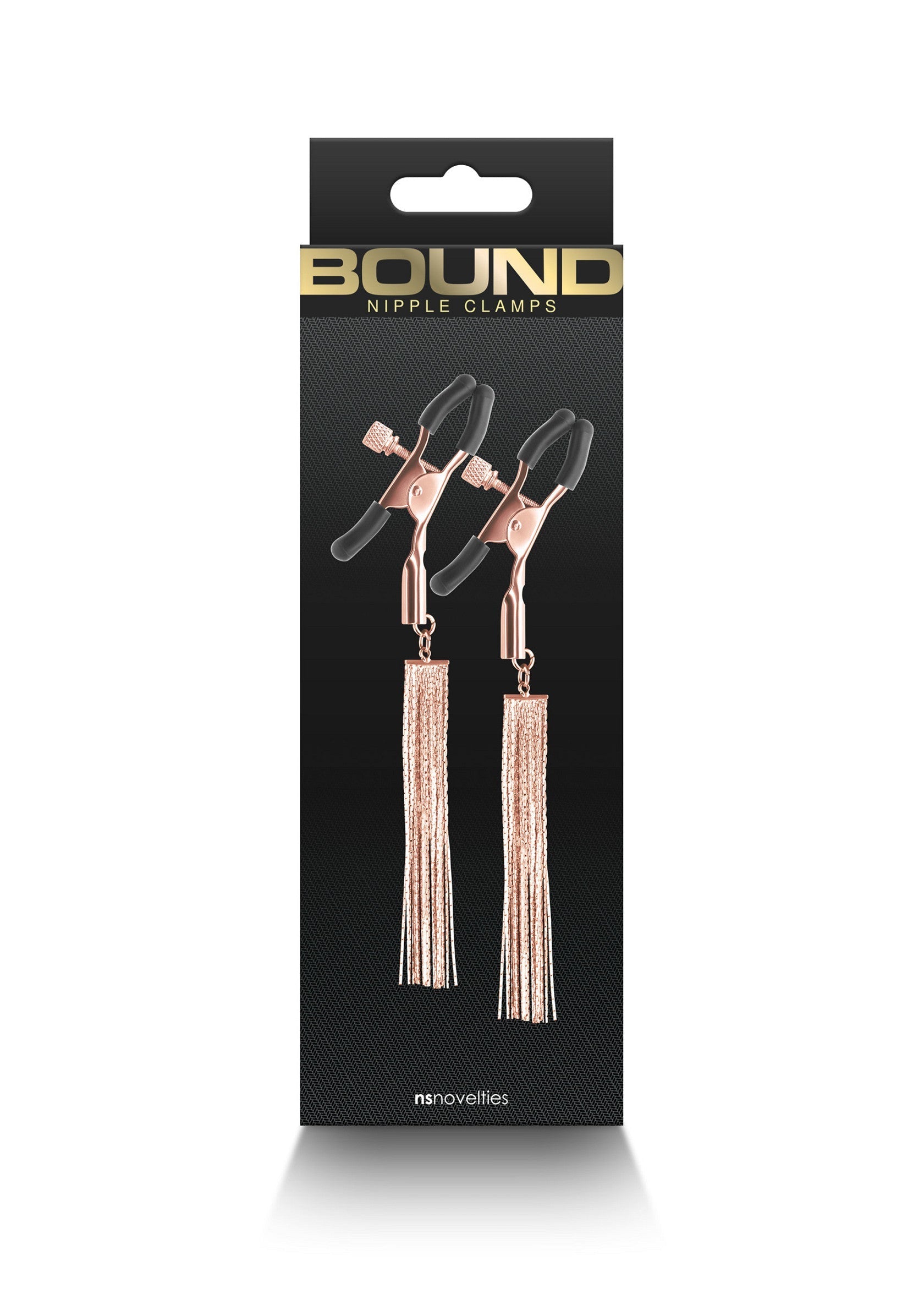 Pinces à tétons Bound avec franges dorées pour un plaisir intense et élégant. Achetez maintenant!; Bound tepelklemmen met gouden franjes voor intense en elegante genot. Koop nu!; Bound Nipple Clamps with gold tassels for intense and elegant pleasure. Buy now!