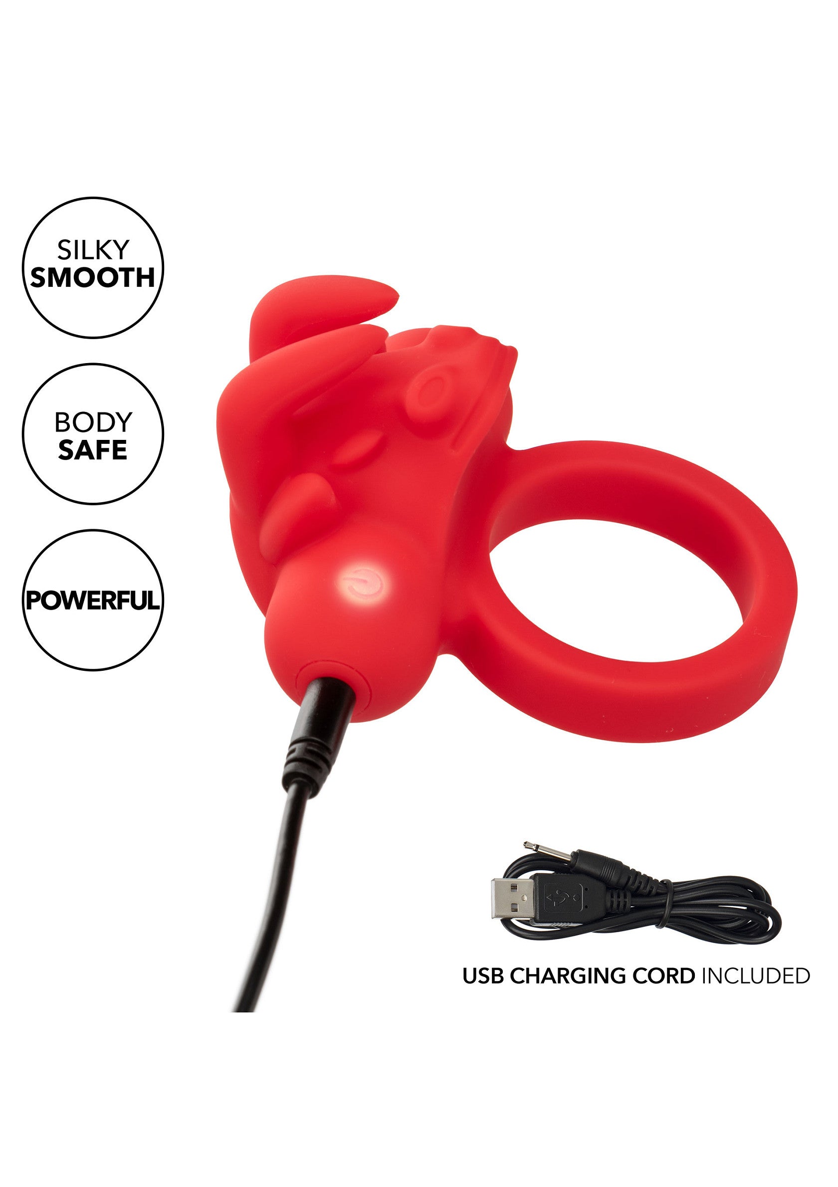 Anneau vibrant rouge rechargeable USB, doux et puissant pour le plaisir.; Rode vibrerende ring, USB oplaadbaar, glad & krachtig voor plezier.; Red vibrating ring, USB rechargeable, silky smooth & powerful for pleasure.