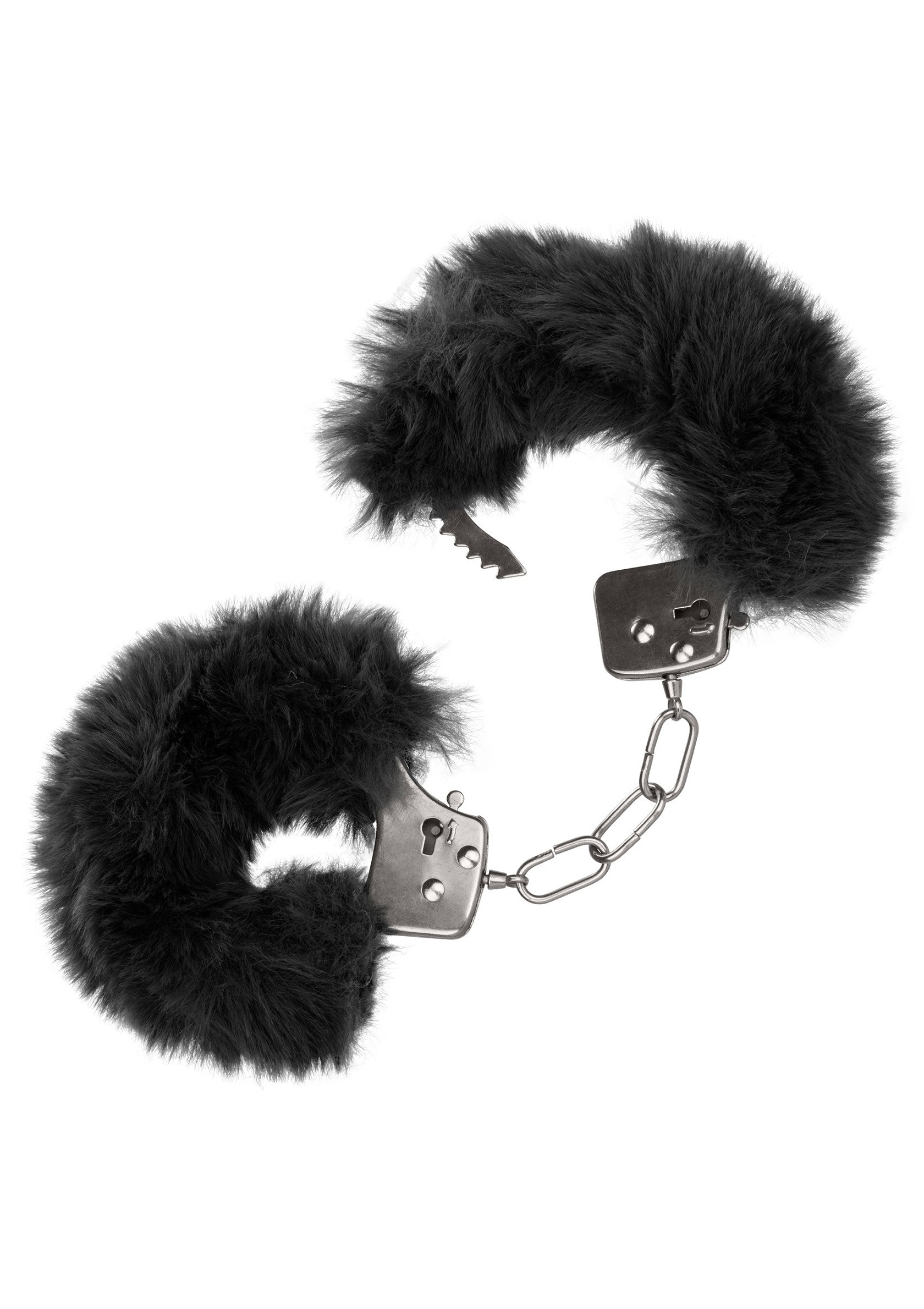 Menottes en fourrure noire pour plus de douceur et de plaisir.; Zwarte, pluizige handboeien voor extra zachtheid en plezier.; Black furry handcuffs for extra softness and pleasure.