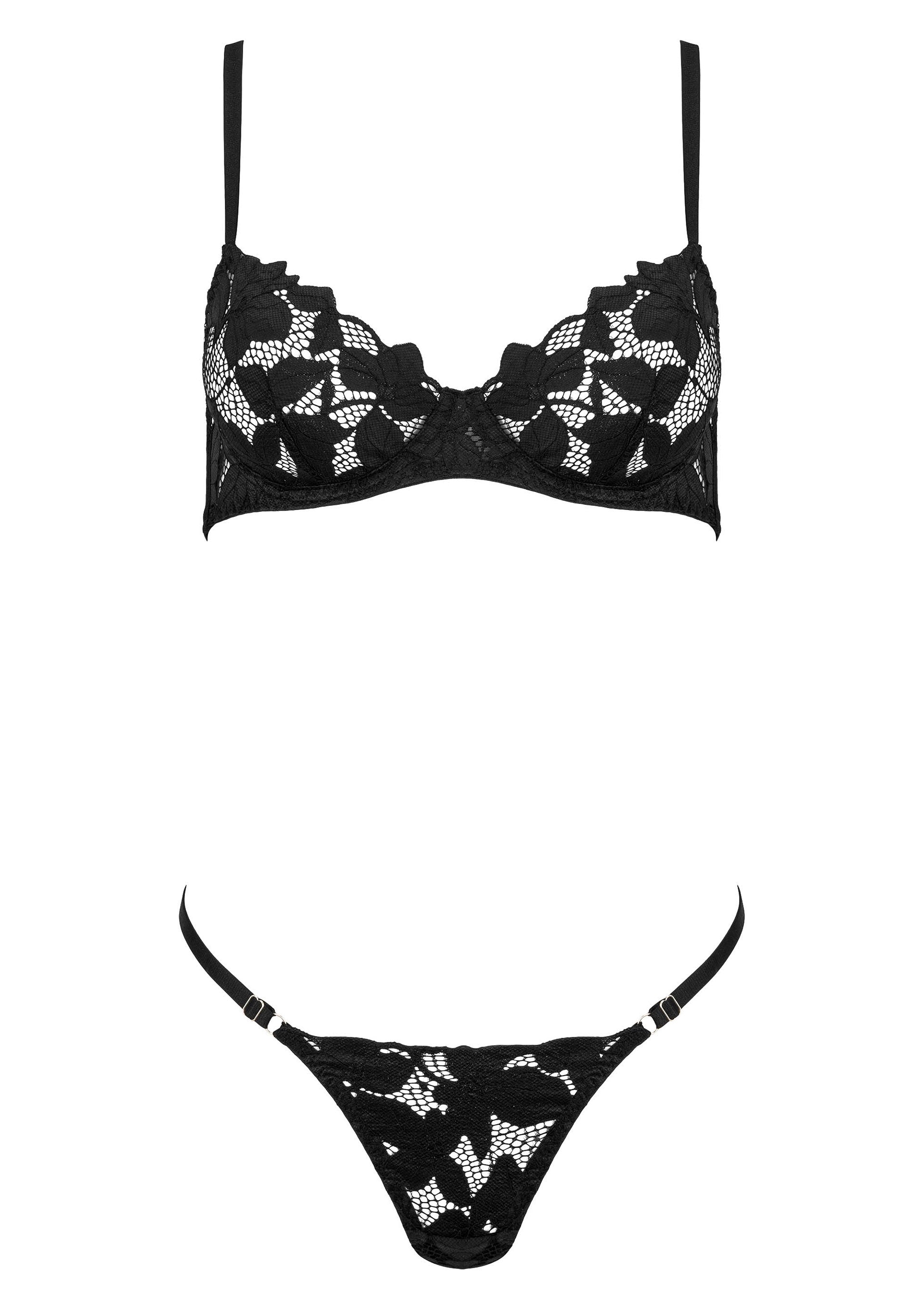 Ensemble de lingerie noir en dentelle florale: soutien-gorge et string assorti.; Zwarte lingerie set van bloemenkant: bh en bijpassende string.; Black floral lace lingerie set: bra and matching thong.