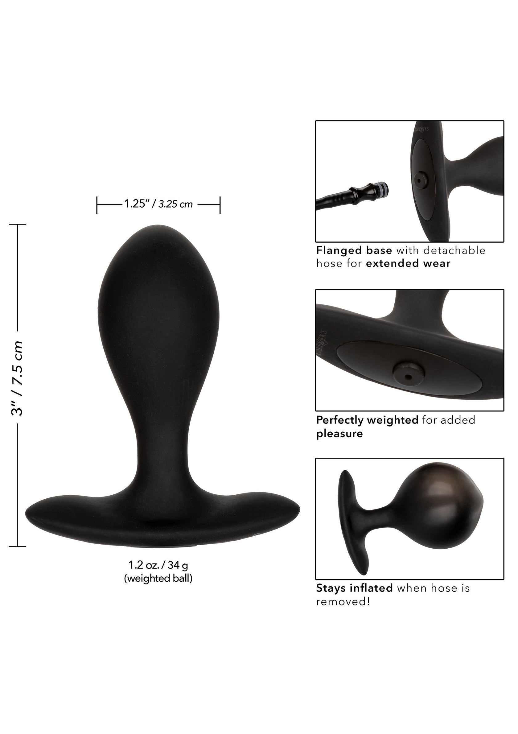 Plug anal gonflable noir avec base évasée et tuyau amovible pour un plaisir prolongé. Poids parfait pour plus de plaisir.; Zwarte opblaasbare anale plug met uitlopende basis en afneembare slang voor langdurig plezier. Perfect gewicht voor extra genot.; Black inflatable anal plug with flared base and detachable hose for extended wear. Perfectly weighted for added pleasure.