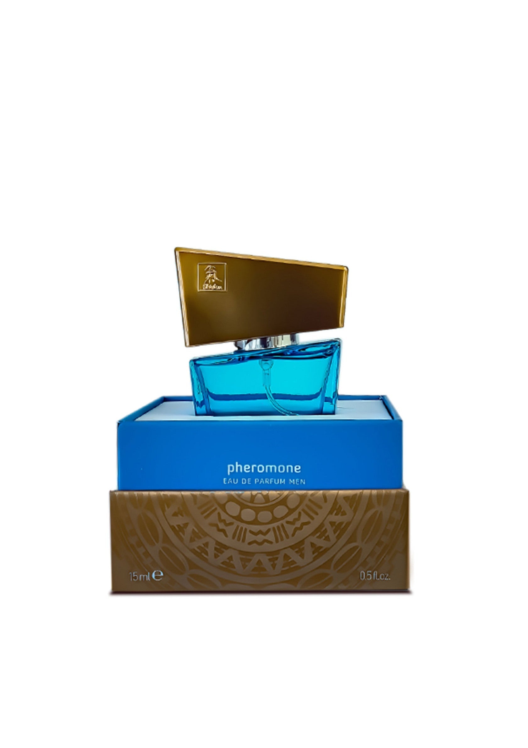 Parfum pour homme "Pheromone", flacon bleu et or élégant.; Pheromone herenparfum, elegant blauw en goud flesje.; Pheromone men's fragrance, stylish blue and gold bottle.
