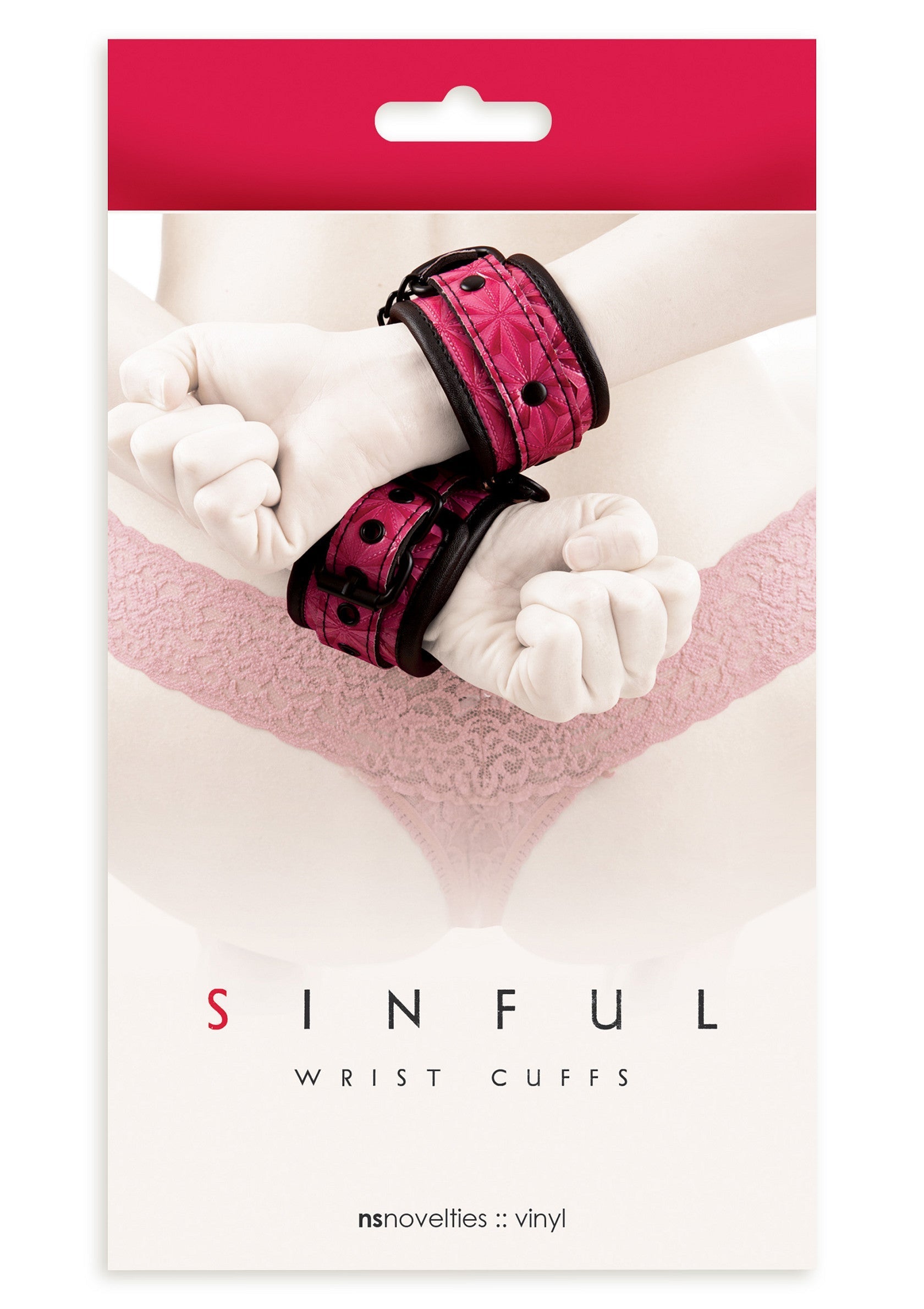 Menottes Sinful pour poignets. Accessoire coquin en vinyle rose et noir, pour jeux de rôle et plus.; Sinful polsboeien. Roze en zwarte vinyl naughty accessoire, voor rollenspellen en meer.; Sinful wrist cuffs. Pink & black vinyl naughty accessory, for roleplay & more. 