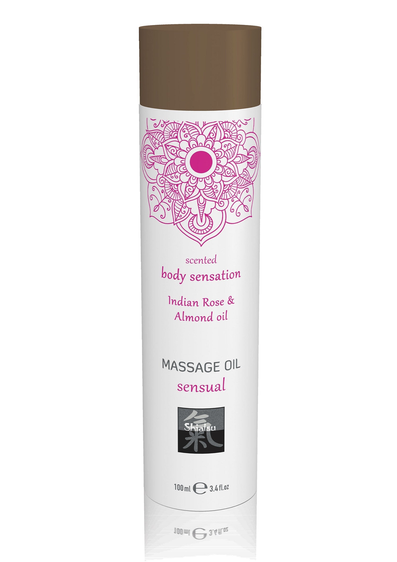 Huile de massage sensuelle Shinzu, rose indienne & amande, 100ml. Pour une sensation corporelle parfumée et relaxante.; Sensuele massageolie Shinzu, Indiase roos & amandel, 100ml. Voor een geurige en ontspannende lichaamssensatie.; Sensual Shinzu massage oil, Indian rose & almond, 100ml. Scented body sensation for relaxing massage.