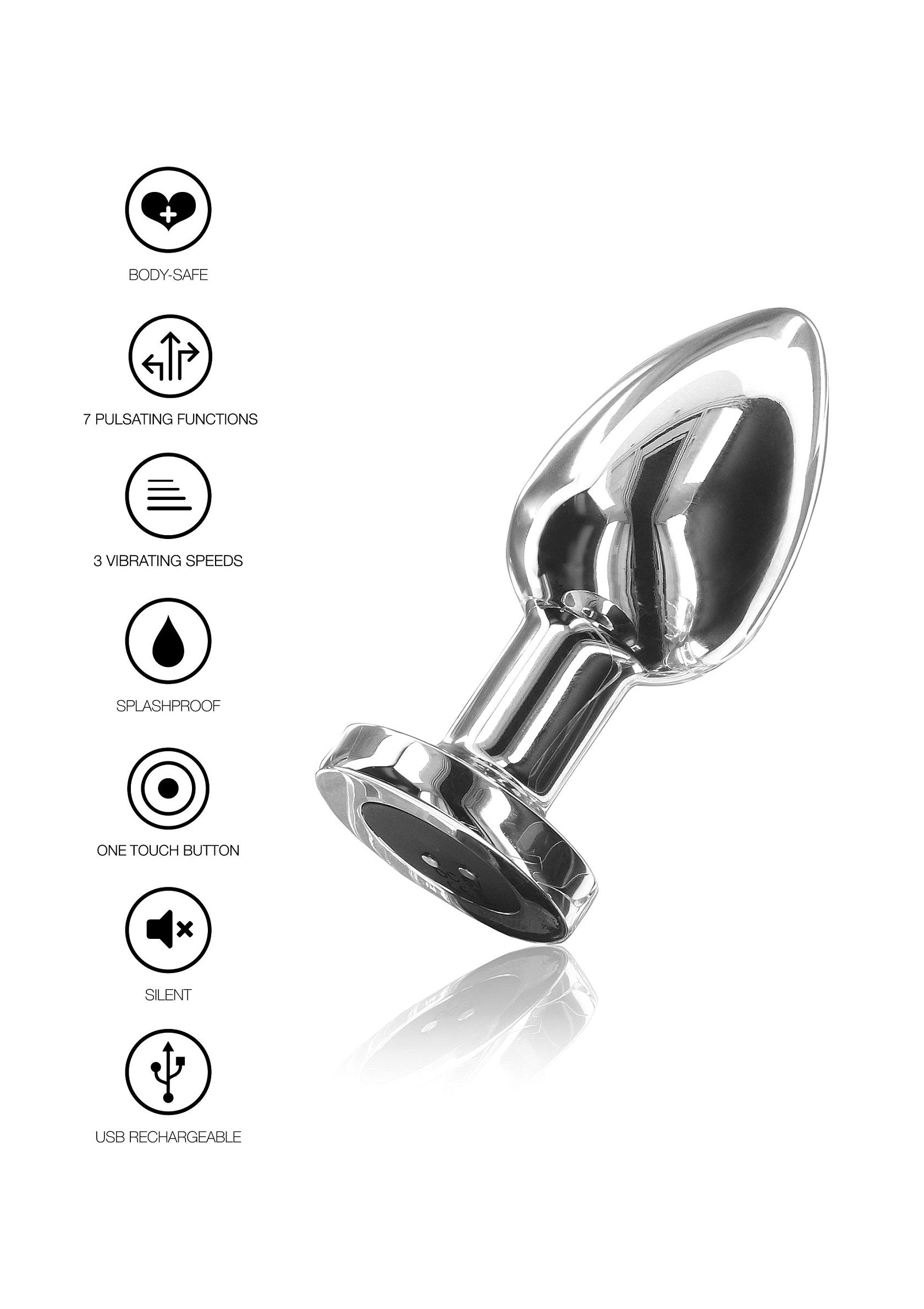 Plug anal vibrant rechargeable USB avec 7 modes de pulsation et 3 vitesses. Discret et étanche. ; USB oplaadbare vibrerende anale plug met 7 pulserende standen en 3 snelheden. Discreet en waterdicht.; USB rechargeable vibrating anal plug with 7 pulsating functions and 3 speeds. Discreet and waterproof.