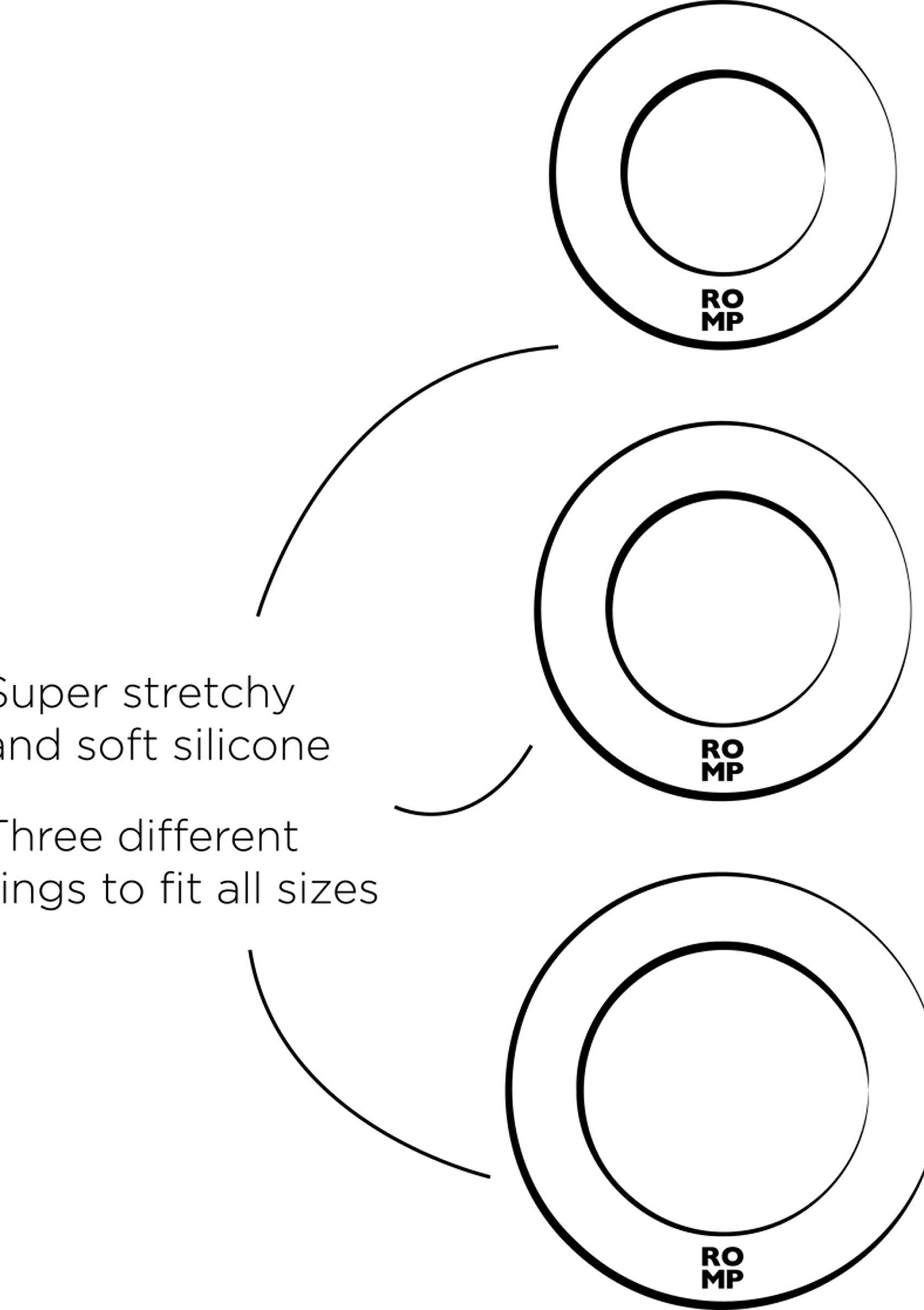 Anneaux en silicone extensibles ROMP, disponibles en 3 tailles différentes.; Rekbare siliconen ringen van ROMP, verkrijgbaar in 3 verschillende maten.; ROMP stretchy silicone rings, available in 3 different sizes.