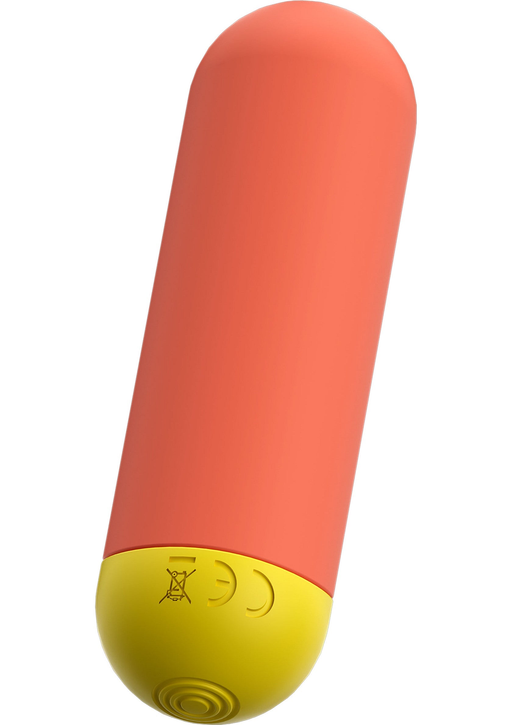 Vibromasseur de luxe corail et jaune pour le plaisir solitaire ou partagé.; Luxe koraal en gele vibrator voor solo of gedeeld plezier.; Coral and yellow luxury vibrator for solo or shared pleasure.