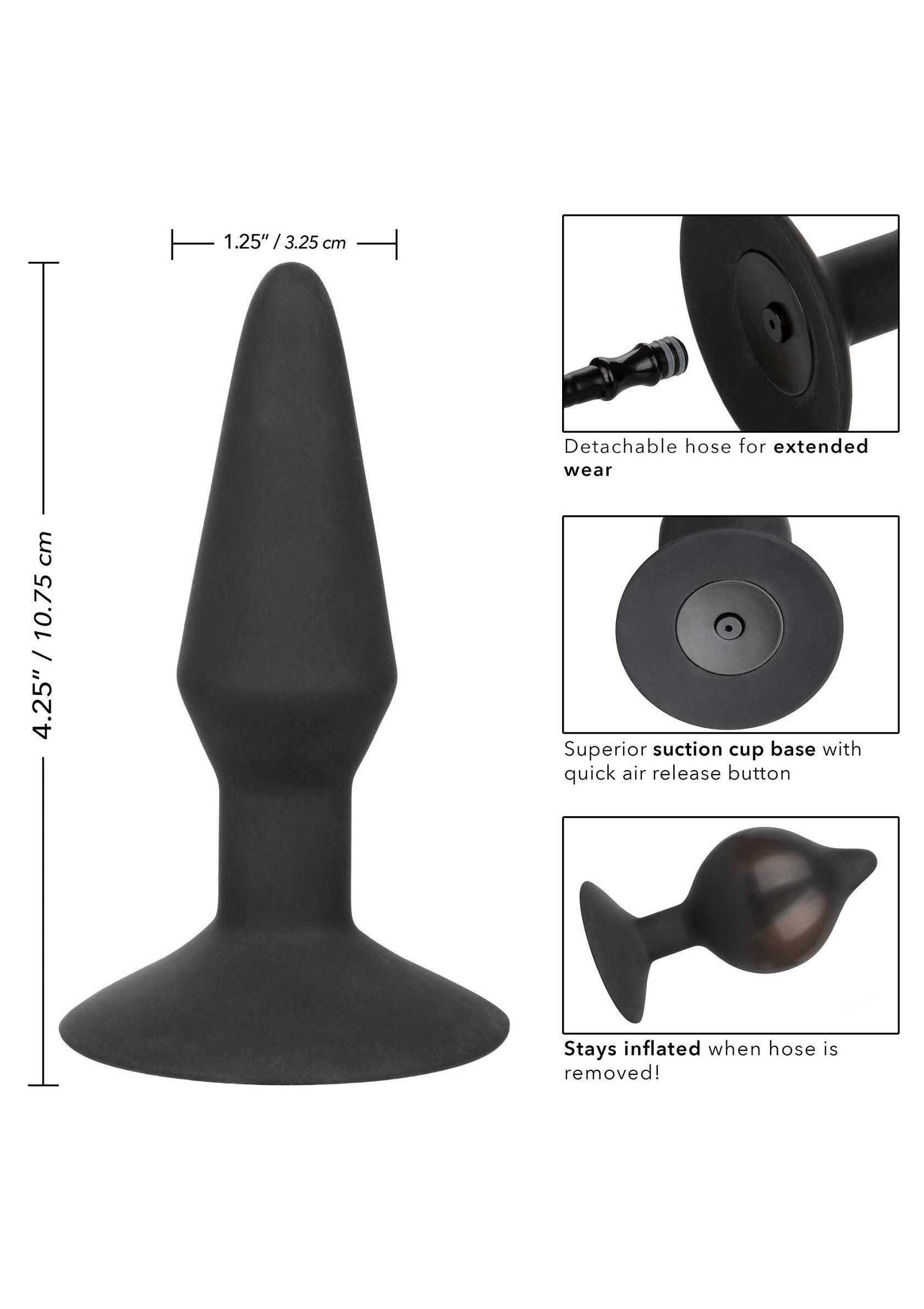 Plug anal gonflable noir avec ventouse. Hose détachable. Reste gonflé même dégonflé. Dimensions: 10,75 cm de long et 3,25 cm de large.; Opblaasbare butt plug zwart met zuignap. Afneembare slang. Blijft opgeblazen, zelfs leeggelopen. Afmetingen: 10,75 cm lang en 3,25 cm breed.; Inflatable butt plug black with suction cup. Detachable hose. Stays inflated, even deflated. Dimensions: 10.75 cm long and 3.25 cm wide.