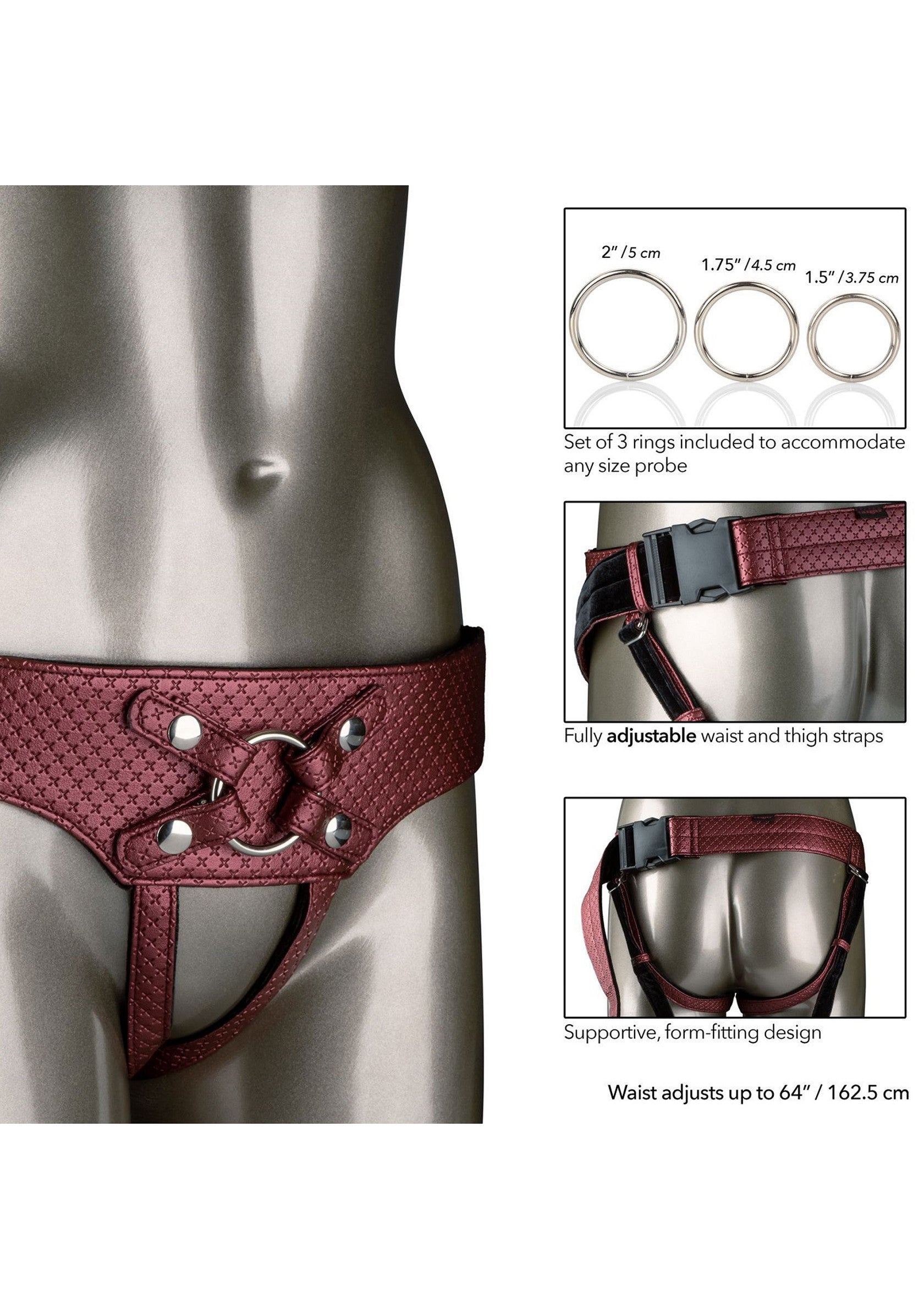 Harnais masculin ajustable en cuir bordeaux avec anneaux interchangeables. Conception de soutien et ajustée.; Verstelbaar bordeaux lederen heren harnas met verwisselbare ringen. Ondersteunend, aansluitend ontwerp.; Adjustable burgundy leather men's harness with interchangeable rings. Supportive, form-fitting design.