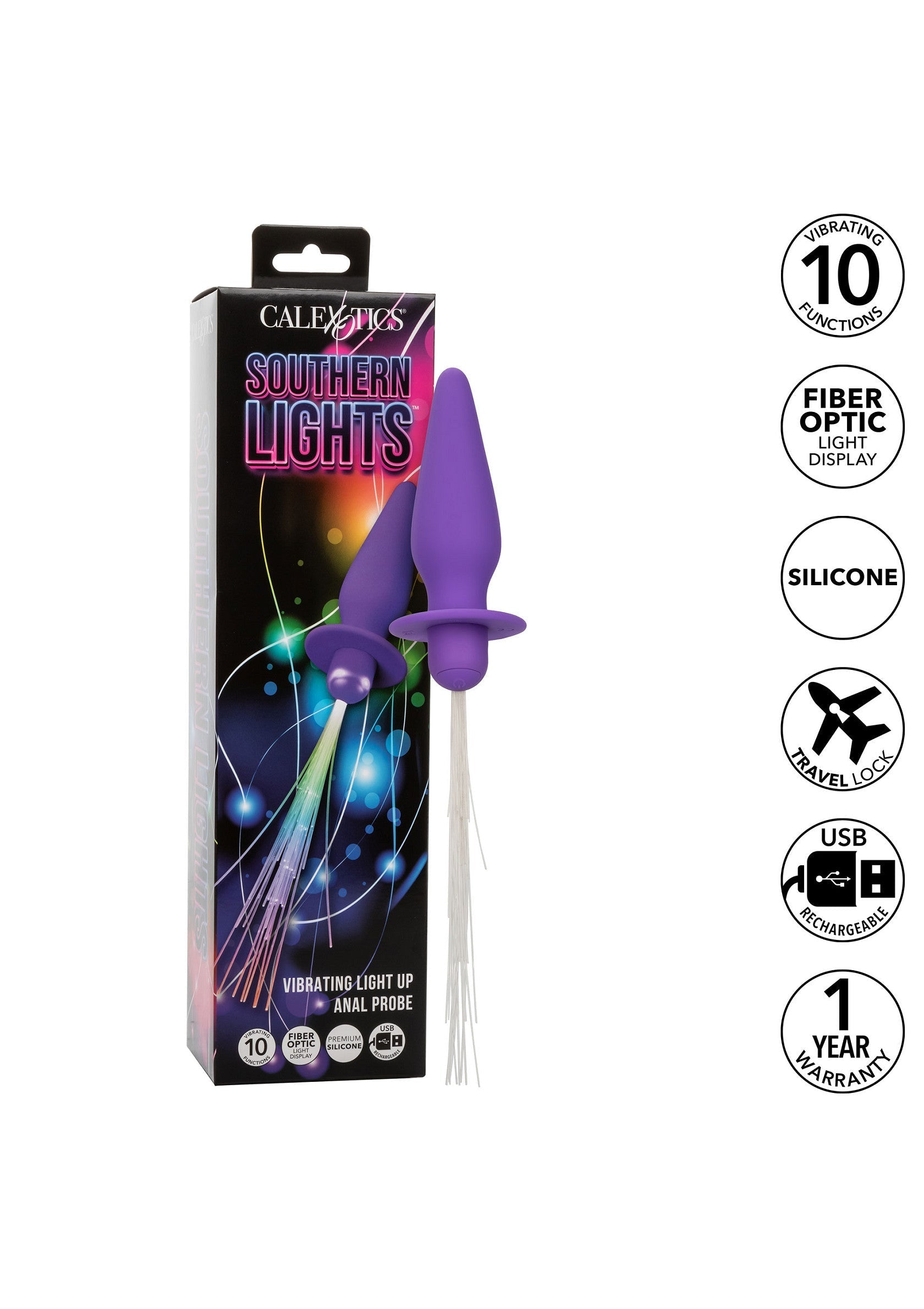 Plug anal vibrant Calexotics Southern Lights. 10 fonctions, fibre optique, silicone, verrouillage voyage, rechargeable USB, garantie 1 an.; Calexotics Southern Lights vibrerende anale plug. 10 functies, fiber optiek, silicone, reisslot, USB oplaadbaar, 1 jaar garantie.; Calexotics Southern Lights vibrating anal plug. 10 functions, fiber optic, silicone, travel lock, USB rechargeable, 1 year warranty.