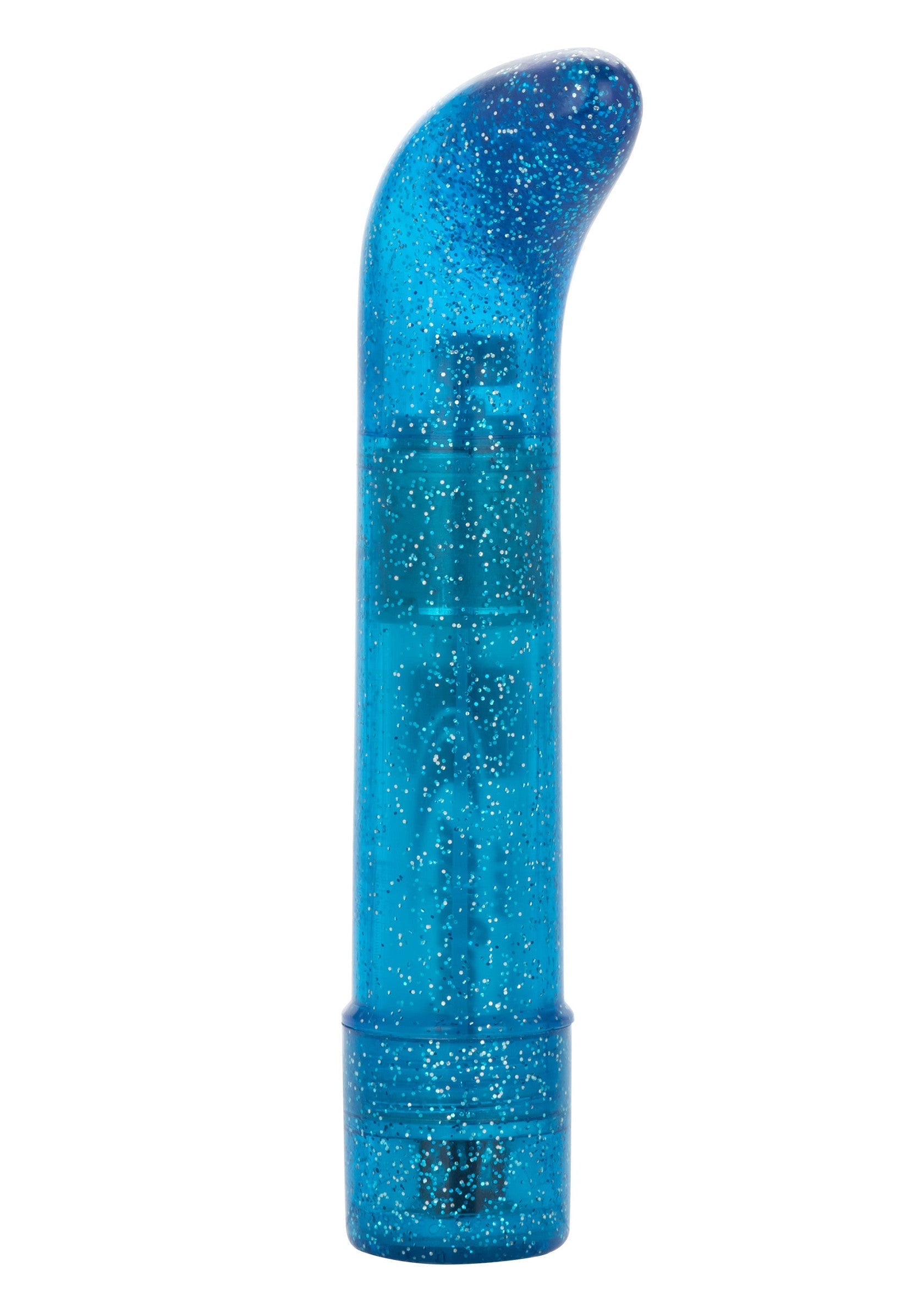Vibromasseur baguette incurvée bleu scintillant pour le plaisir personnel et l'exploration intime.; Blauw glitter toverstaf vibrator voor persoonlijk plezier en intieme ontdekking.; Blue glitter wand vibrator for personal pleasure and intimate exploration.