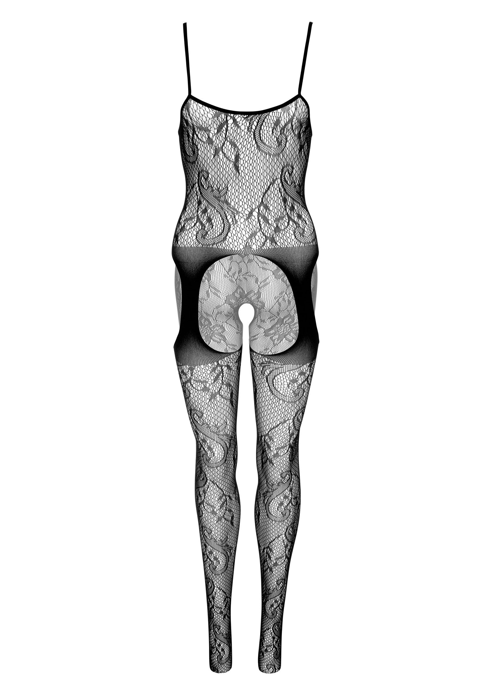 Body résille noir à motifs floraux. Lingerie élégante et sexy pour une nuit spéciale.; Zwarte kanten body met bloemenmotief. Elegante en sexy lingerie voor een speciale nacht.; Black floral lace bodysuit. Elegant and sexy lingerie for a special night.