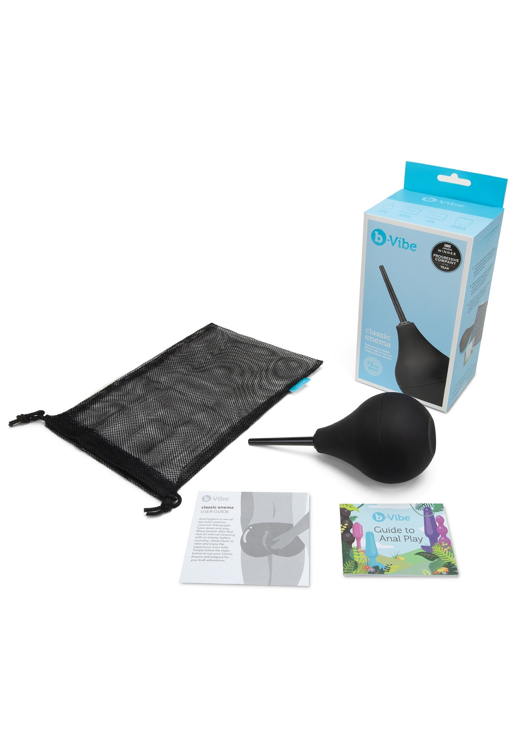 Douche anale b-Vibe pour une hygiène intime optimale. Kit complet avec poire, embout, pochette et guide d'utilisation.; b-Vibe anale douche voor optimale intieme hygiëne. Complete kit met spuit, mondstuk, zakje en gebruiksaanwijzing.; b-Vibe anal douche for optimal intimate hygiene. Complete kit with bulb, nozzle, pouch and instructions.
