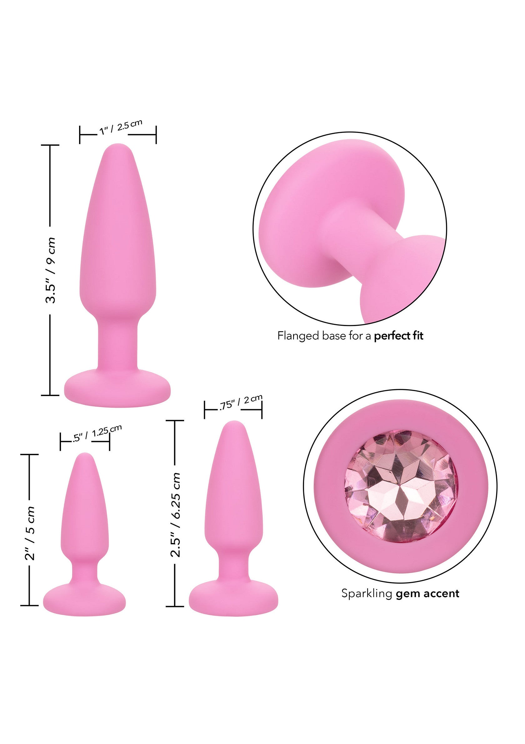 Plug anal rose avec base évasée et gemme étincelante pour une insertion confortable et élégante.; Roze anale plug met uitlopende basis en sprankelende edelsteen voor comfortabele en elegante inbreng.; Pink butt plug with flared base and sparkling gem accent for comfortable and stylish insertion.