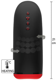Manchon masturbateur chauffant noir et rouge avec vibrations. Dimensions : 21 cm. Sensations intenses et personnalisables.; Zwarte en rode verwarmende masturbator sleeve met vibraties. Afmetingen: 21 cm. Intense en aanpasbare sensaties.; Black and red warming masturbator sleeve with vibrations. Dimensions: 21 cm. Intense and customizable sensations.