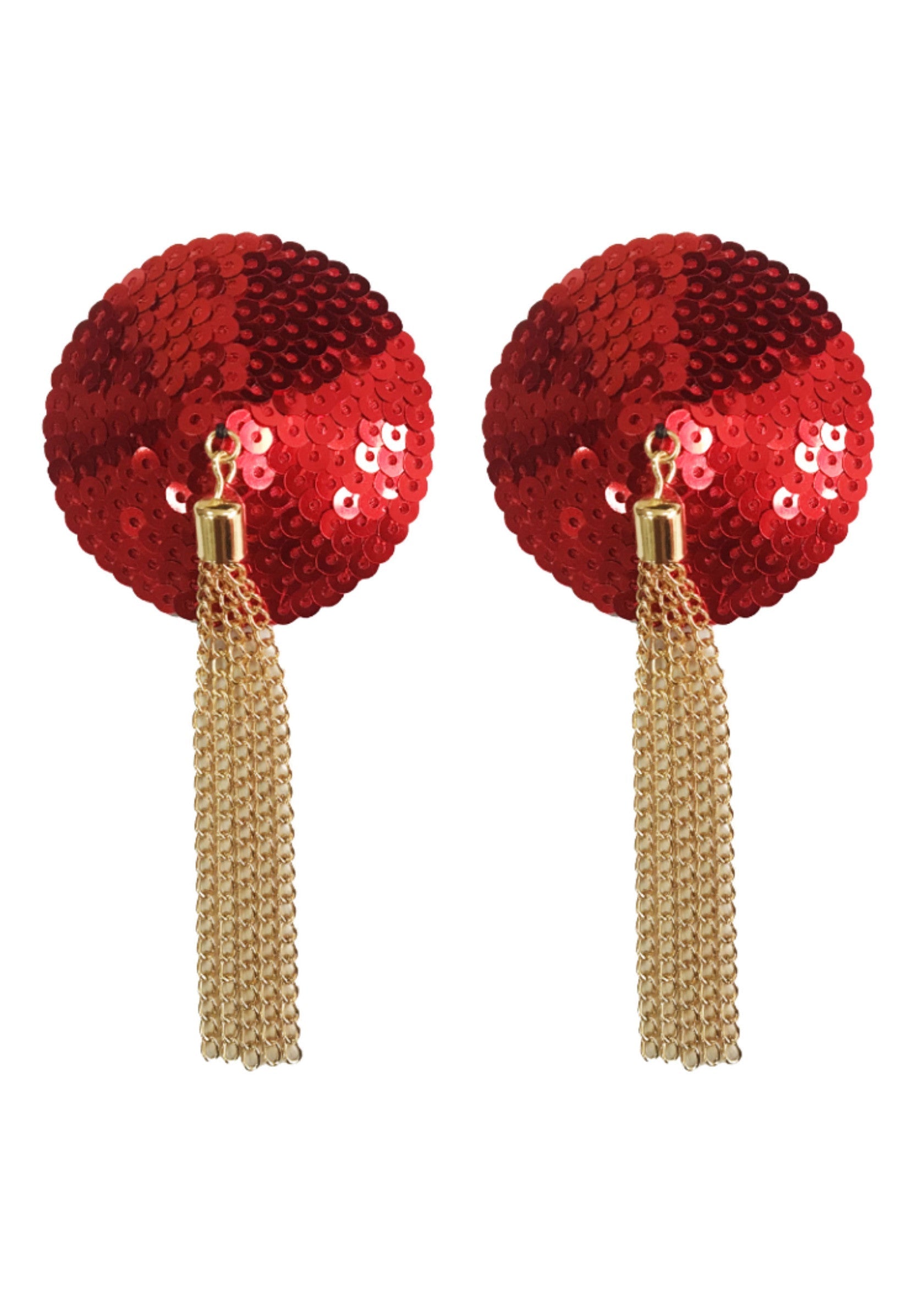 Cache-tétons rouges à sequins avec franges dorées pour une touche glamour et audacieuse.; Rode pailletten tepelbedekkers met gouden franjes voor een glamoureuze en gedurfde touch.; Red sequin nipple covers with gold fringe tassels for a glamorous, bold touch.