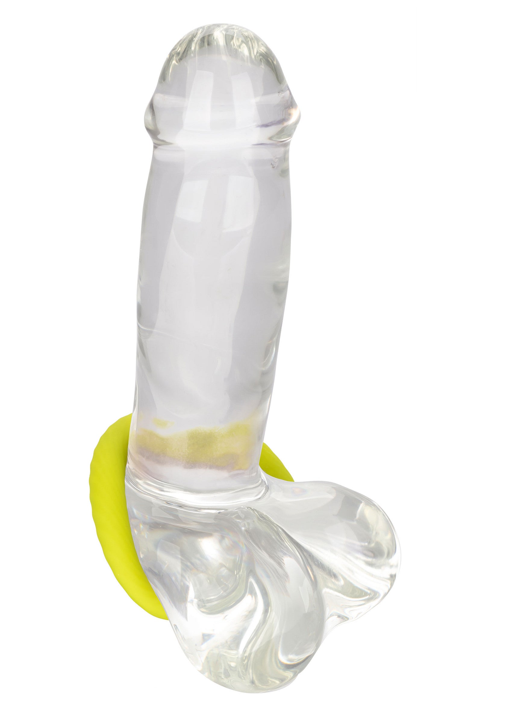 Gode en verre transparent avec anneau jaune pour plus de plaisir.; Transparante glazen dildo met gele ring voor extra plezier.; Clear glass dildo with a yellow ring for added pleasure.