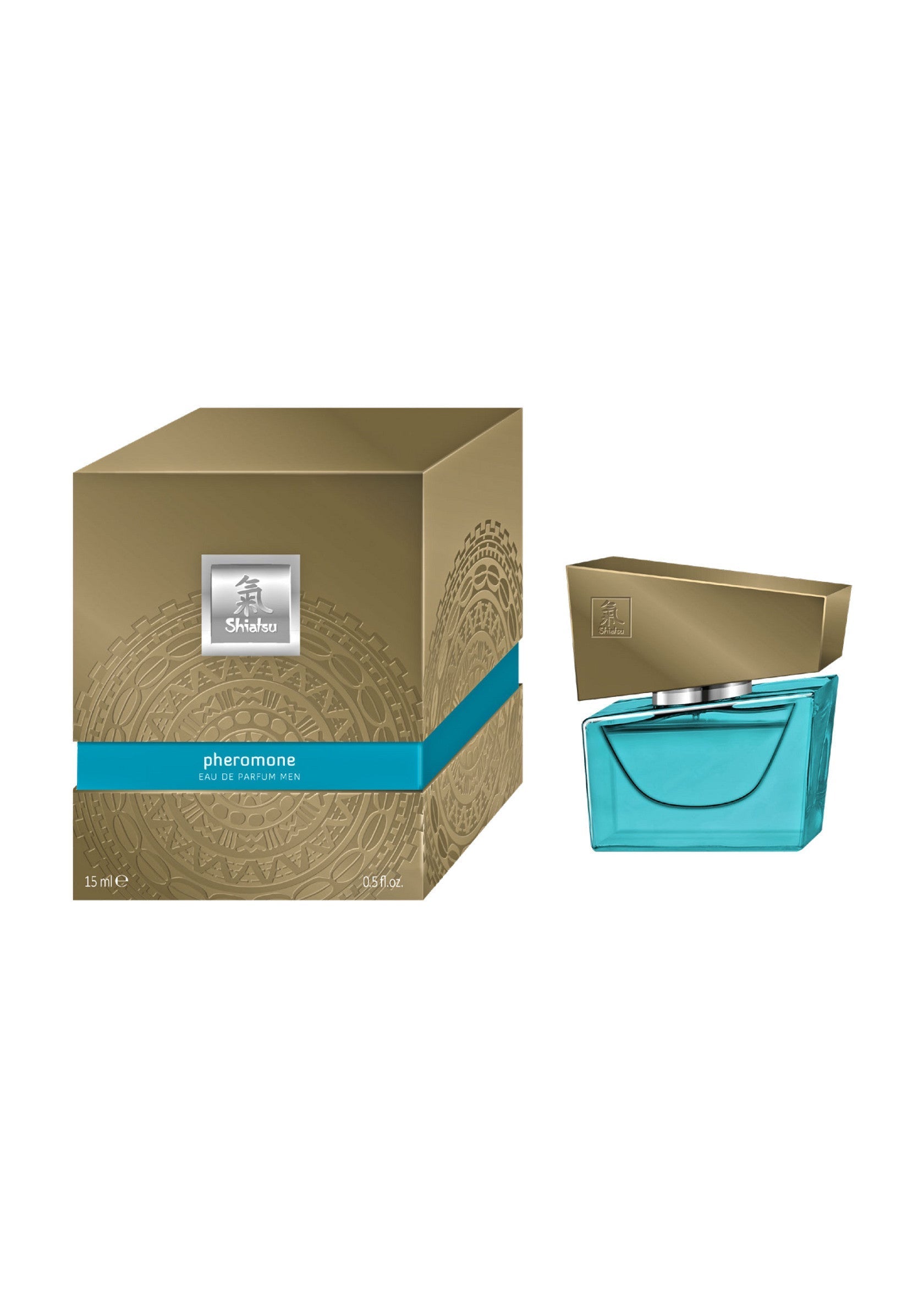 Parfum aux phéromones Shiseido, flacon turquoise et boîte dorée. Un parfum captivant pour une séduction assurée.; Shiseido feromoon parfum, turquoise fles en gouden doos. Een boeiende geur voor gegarandeerde verleiding.; Shiseido Pheromone perfume, turquoise bottle and gold box. A captivating fragrance for guaranteed seduction.