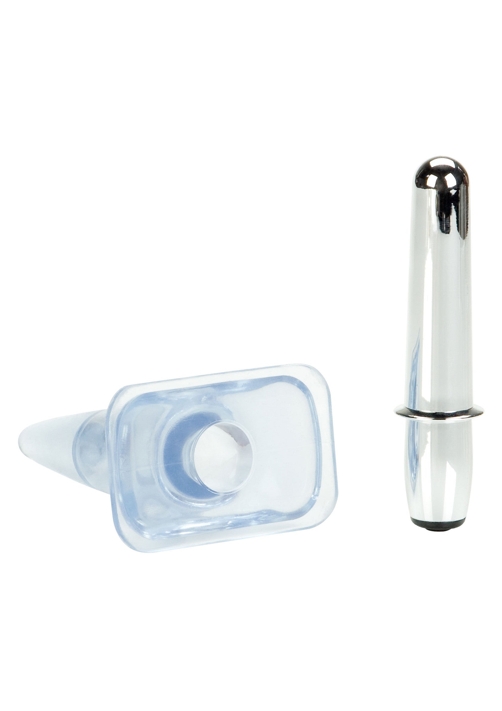 Ensemble de jouets pour adultes comprenant un plug anal transparent et un vibromasseur en métal pour le plaisir.; Set voor volwassenen met een transparante anale plug en een metalen vibrator voor genot.; Adult toy set with a clear anal plug and a metal vibrator for pleasure.