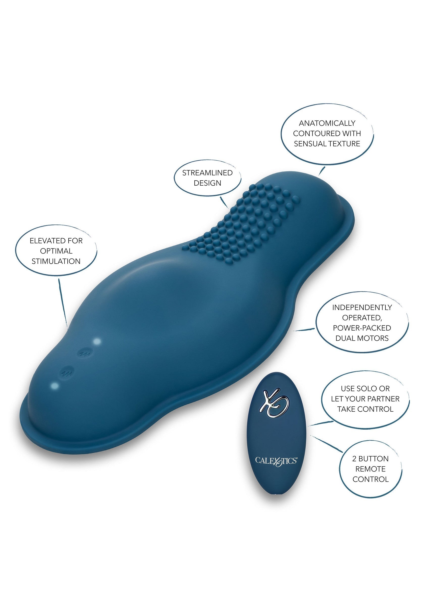 Vibromasseur clitoridien bleu avec télécommande. Stimulation optimale et textures sensuelles pour un plaisir intense.; Blauwe clitorisstimulator met afstandsbediening. Optimale stimulatie en sensuele texturen voor intens plezier.; Blue clitoral vibrator with remote. Optimal stimulation & sensual textures for intense pleasure.