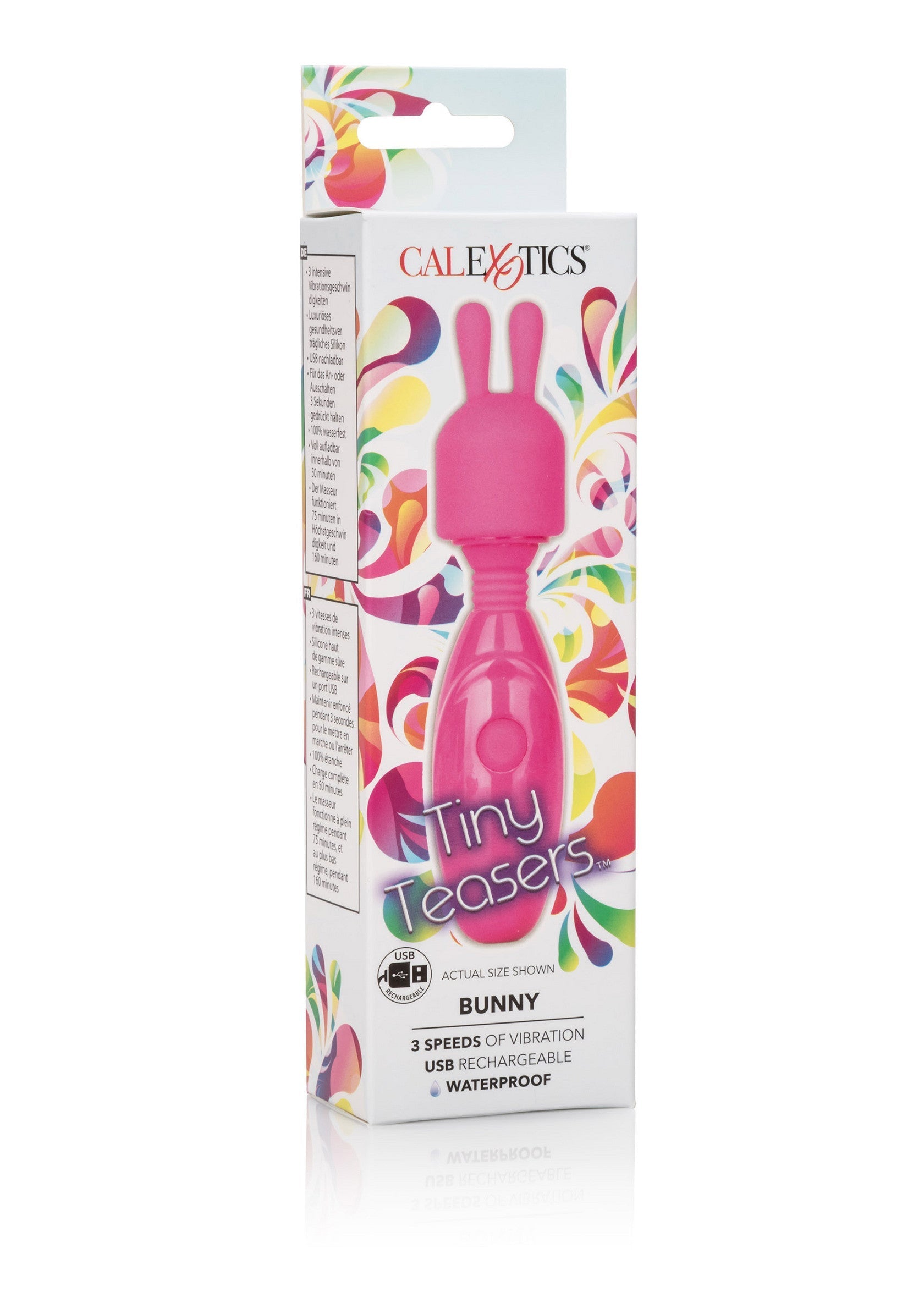 Calexotics Tiny Teasers Bunny vibrant rose, 3 vitesses, rechargeable USB, étanche. Plaisir discret garanti!; Calexotics Tiny Teasers Bunny vibrator roze, 3 snelheden, USB oplaadbaar, waterdicht. Discreet genot gegarandeerd!; Calexotics Tiny Teasers Bunny vibrator pink, 3 speeds, USB rechargeable, waterproof. Discreet pleasure guaranteed!