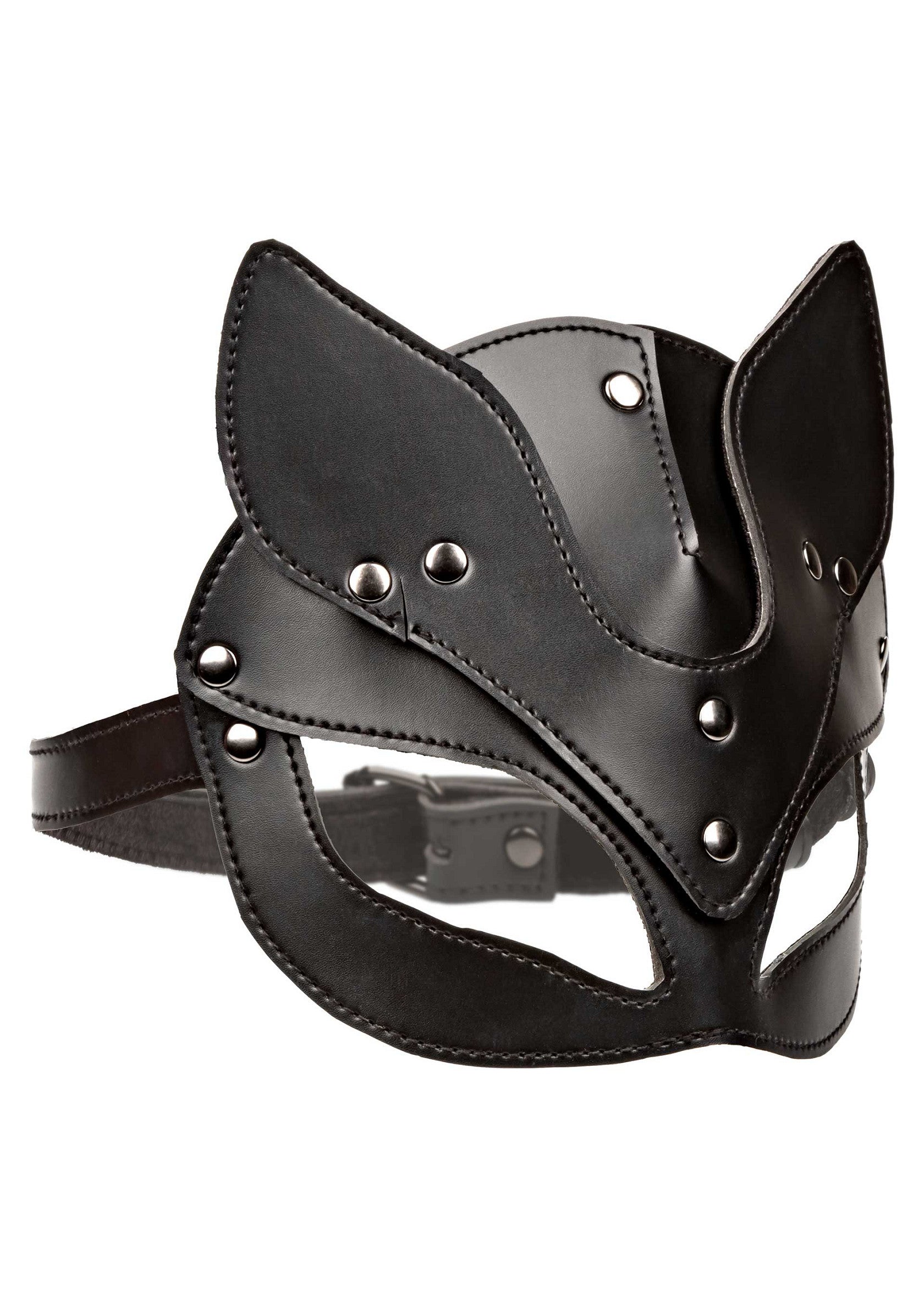 Masque chat en cuir noir élégant avec boucle ajustable. Accessoire de mode unique et audacieux. Parfait pour les soirées.; Stijlvol zwart leren kattenmasker met verstelbare gesp. Een uniek en gewaagd modeaccessoire. Perfect voor feestjes.; Stylish black leather cat mask with adjustable buckle. A unique and daring fashion accessory. Perfect for parties.