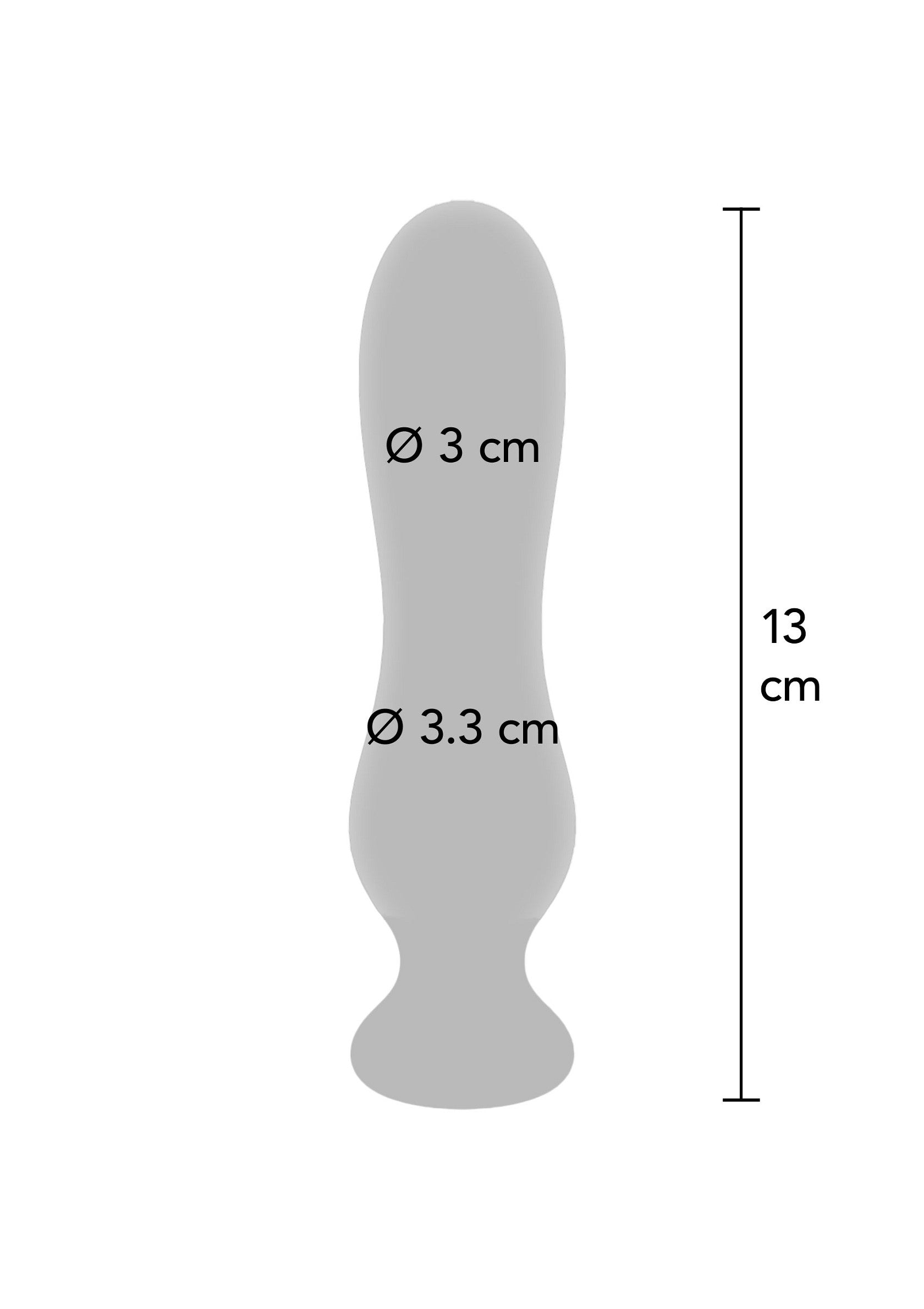 Diagramme d'un plug anal. Longueur 13 cm, diamètres 3 cm et 3,3 cm. Spécifications du produit pour le plaisir.; Diagram van een anale plug. Lengte 13 cm, diameters 3 cm en 3,3 cm. Productspecificaties voor plezier.; Diagram of an anal plug. Length 13 cm, diameters 3 cm and 3.3 cm. Product specifications for pleasure.