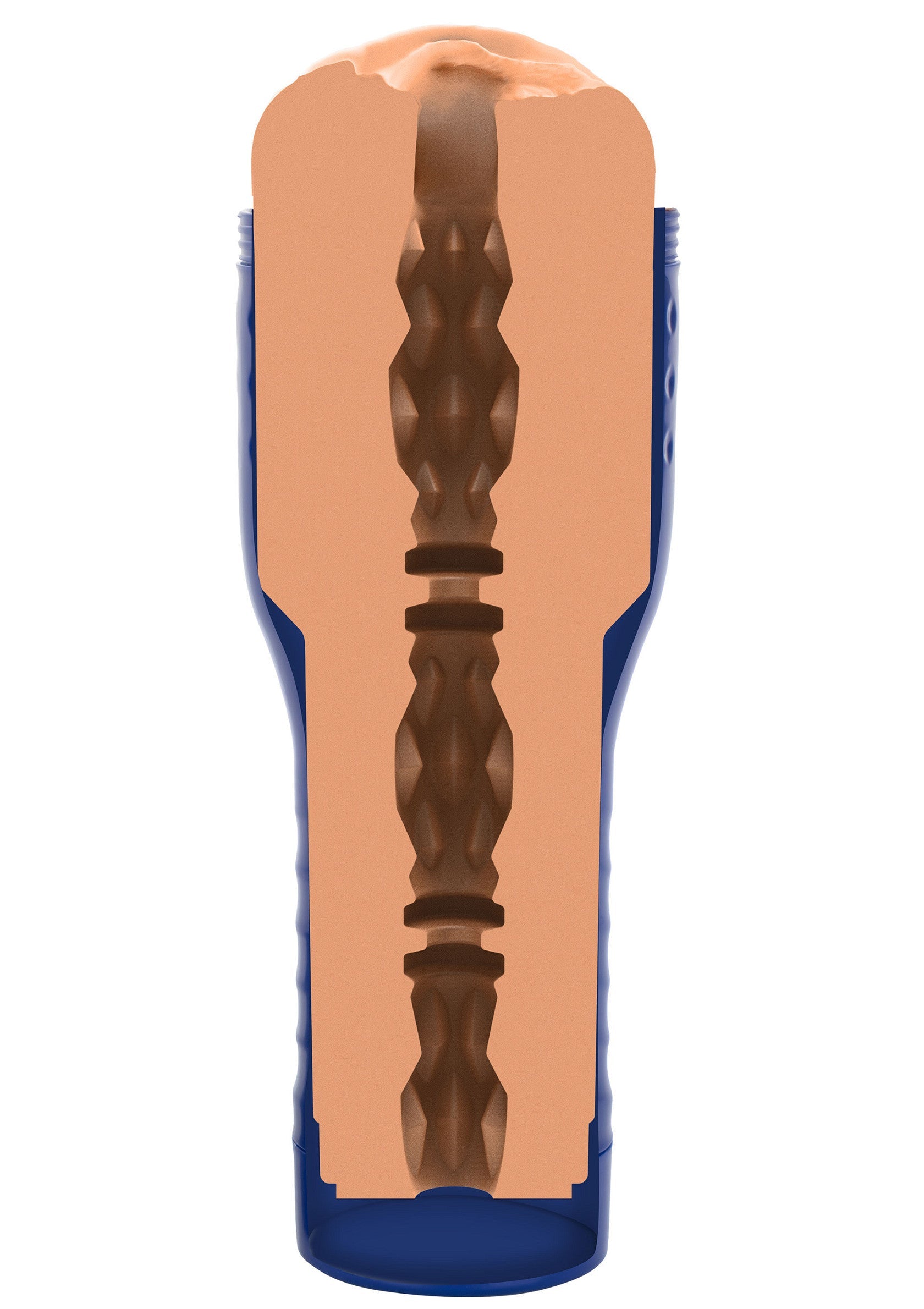 Manchon de plaisir texturé bleu pour une expérience intime intense.; Getextureerde blauwe genotskoker voor een intense intieme ervaring.; Textured blue pleasure sleeve for an intense intimate experience.