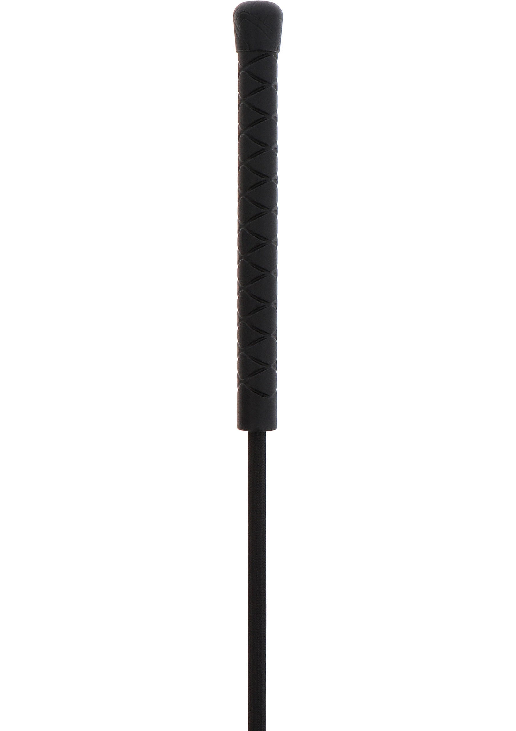 Cravache d'équitation noire avec poignée texturée pour une prise en main confortable et un contrôle optimal.; Zwarte rijzweep met gestructureerde handgreep voor comfortabele grip en optimale controle.; Black riding crop with textured grip for a comfortable hold and optimal control. Equestrian whip.