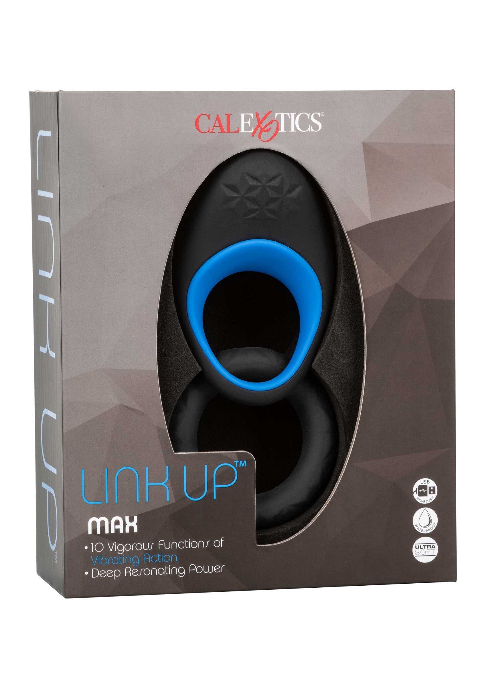 Calexotics Link Up Max : vibromasseur vibrant à double anneau avec 10 fonctions. Plaisir intense garanti !; Calexotics Link Up Max: vibrerende dubbele ring vibrator met 10 functies. Gegarandeerd intens genot!; Calexotics Link Up Max: vibrating dual ring vibrator with 10 functions. Guaranteed intense pleasure!
