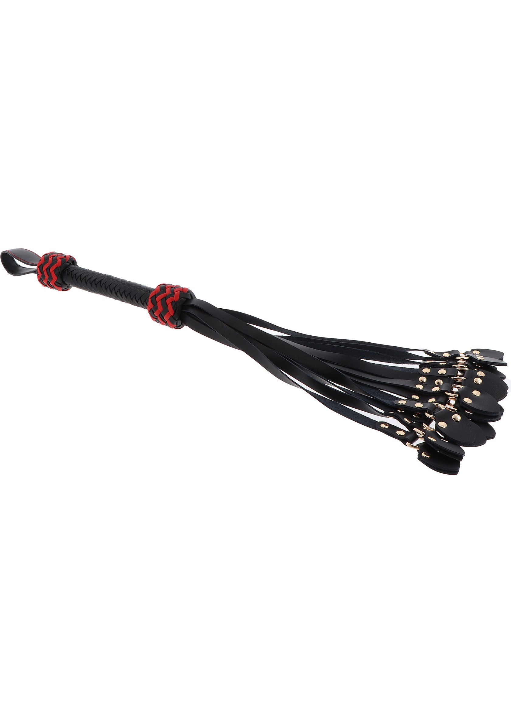 Fouet noir et rouge avec des clous pour le plaisir. Articles coquins de qualité supérieure.; Zwart-rode zweep met studs voor plezier. Premium kwaliteit ondeugende items.; Black and red flogger with studs for pleasure. Premium quality naughty items.